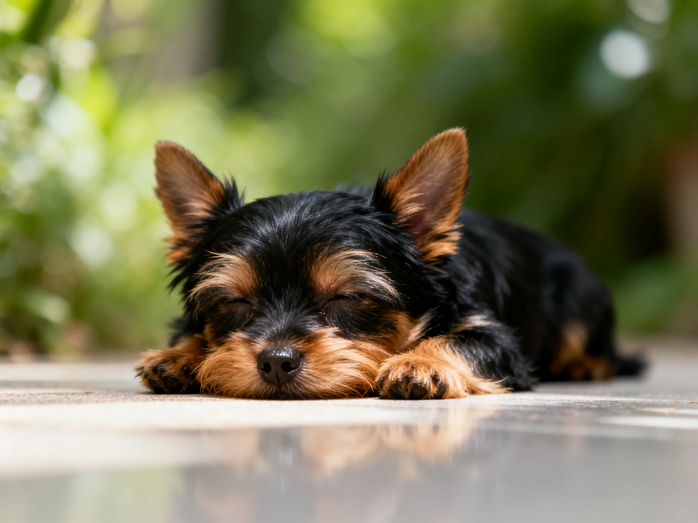 A small black and tan puppy rests on a smooth outdoor surface.
