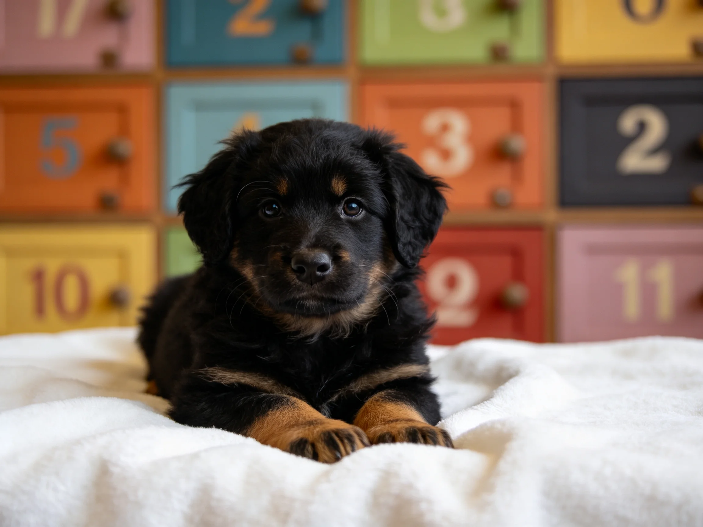 A black and tan puppy relaxes on a white blanket with colorful numbered drawers in the background.