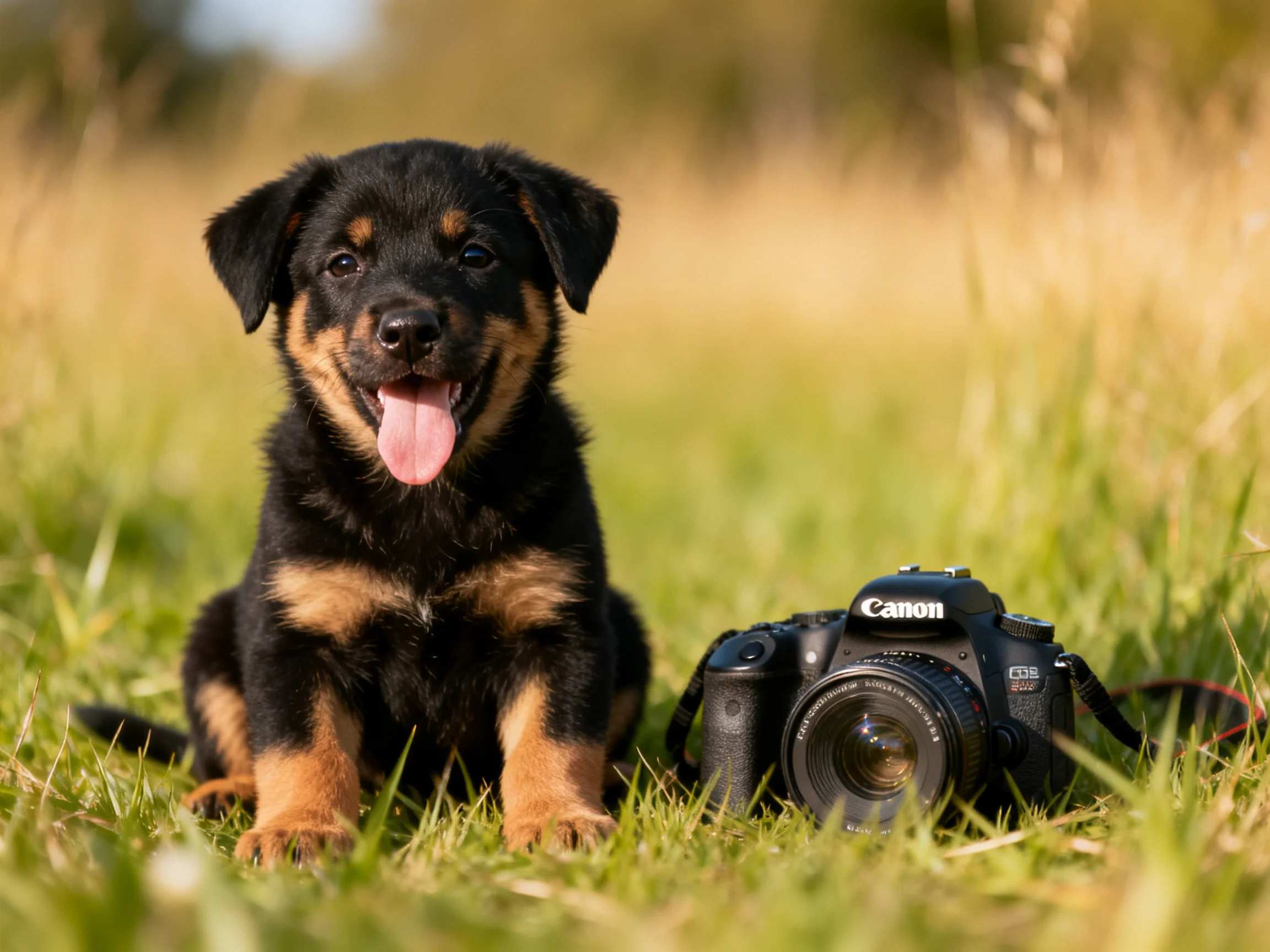 A black and tan puppy sits beside a Canon DSLR camera in a sunlit meadow