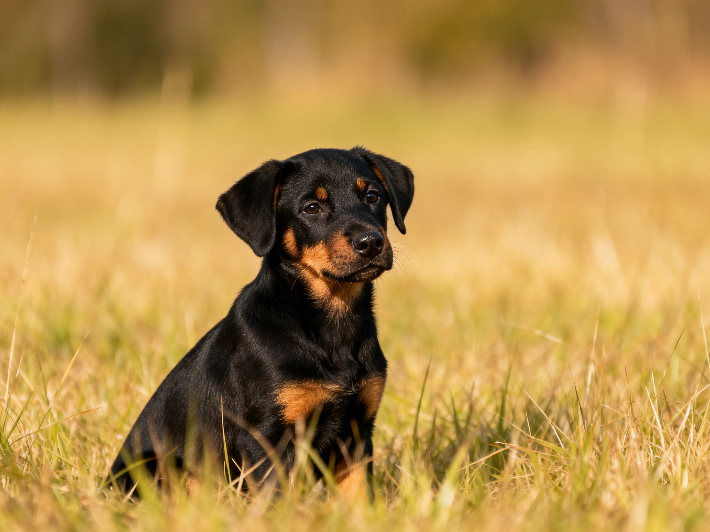 A black and tan puppy sits calmly in a sunlit grassy field.