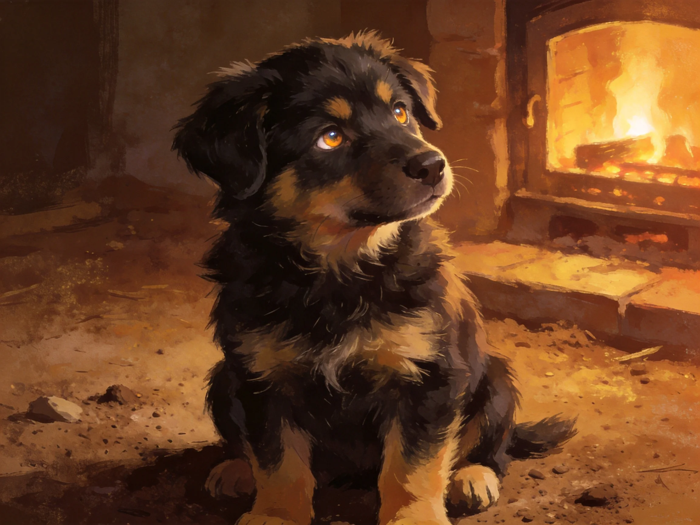 A black and tan puppy sits near a blazing stone fireplace