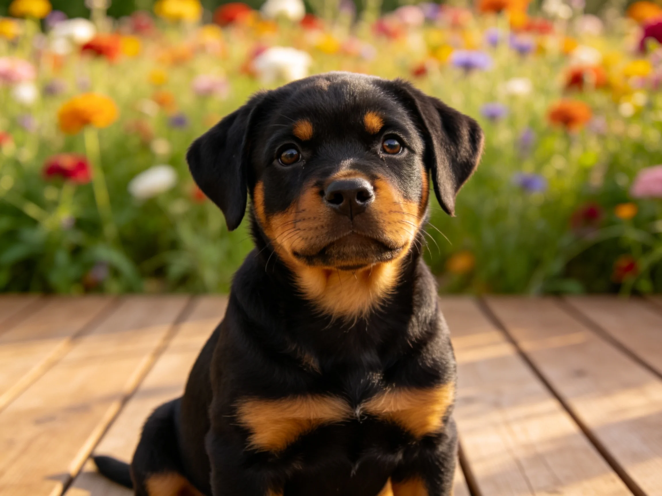 A black and tan puppy sits on a wooden deck amid vibrant flower fields