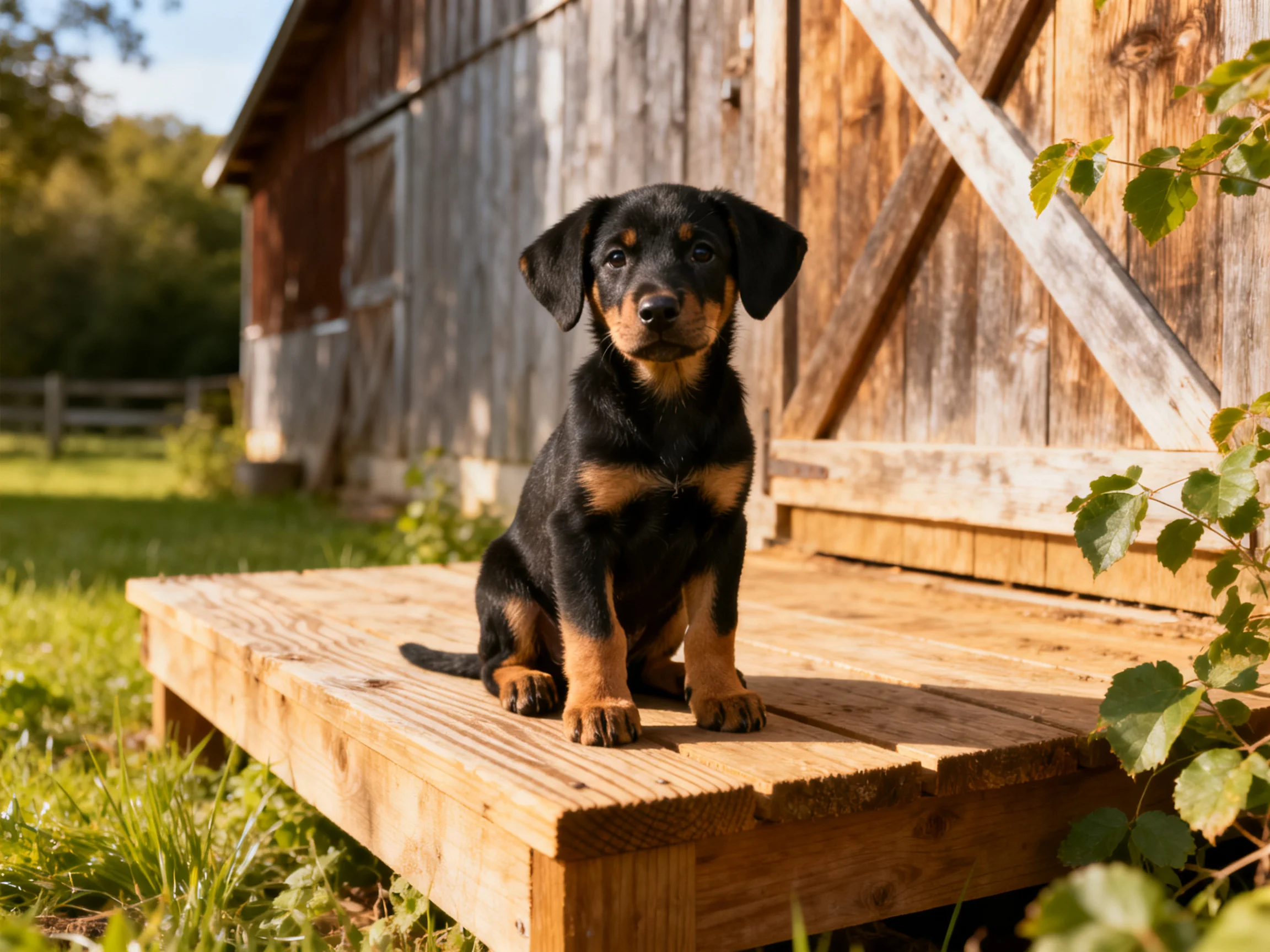 A black and tan puppy sits on a wooden platform by an old barn