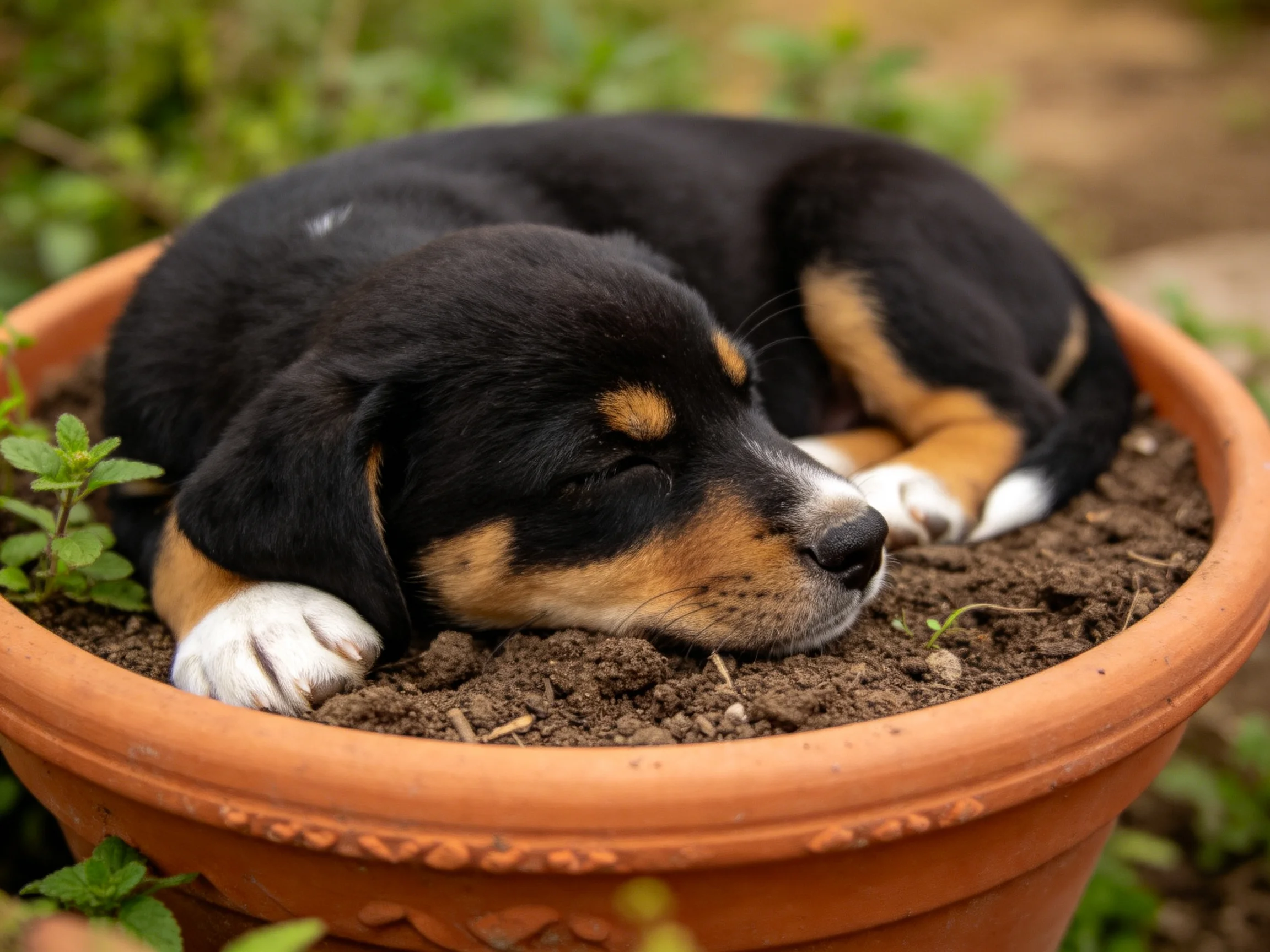 A black and tan puppy sleeps in a large terracotta flower pot