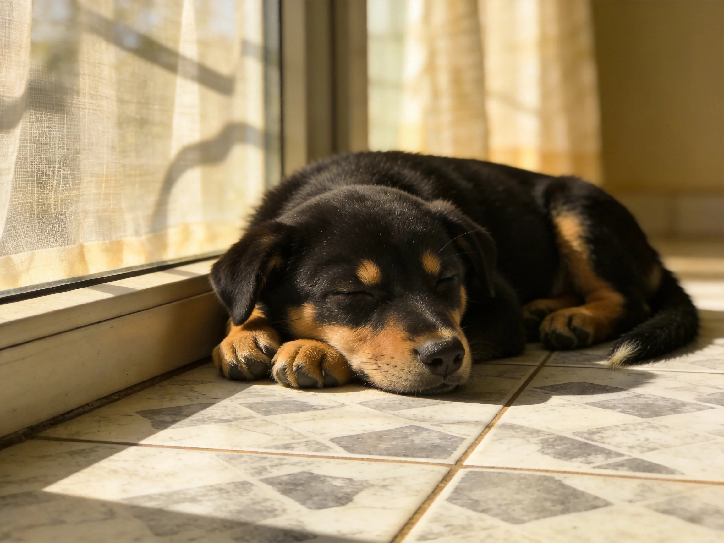 A black and tan puppy rests beside a sunlit sliding glass door.