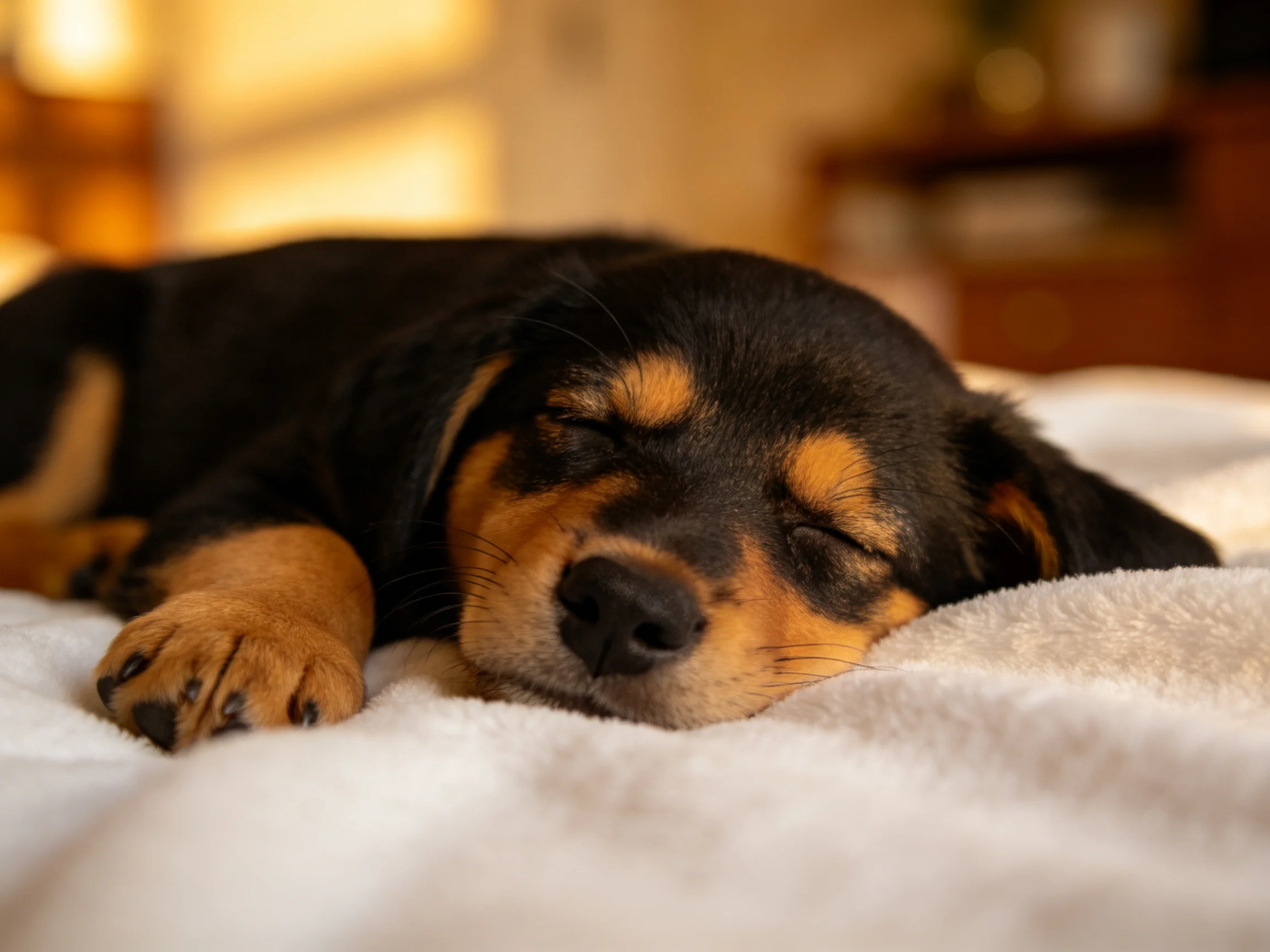 A black and tan puppy sleeps on a soft white blanket
