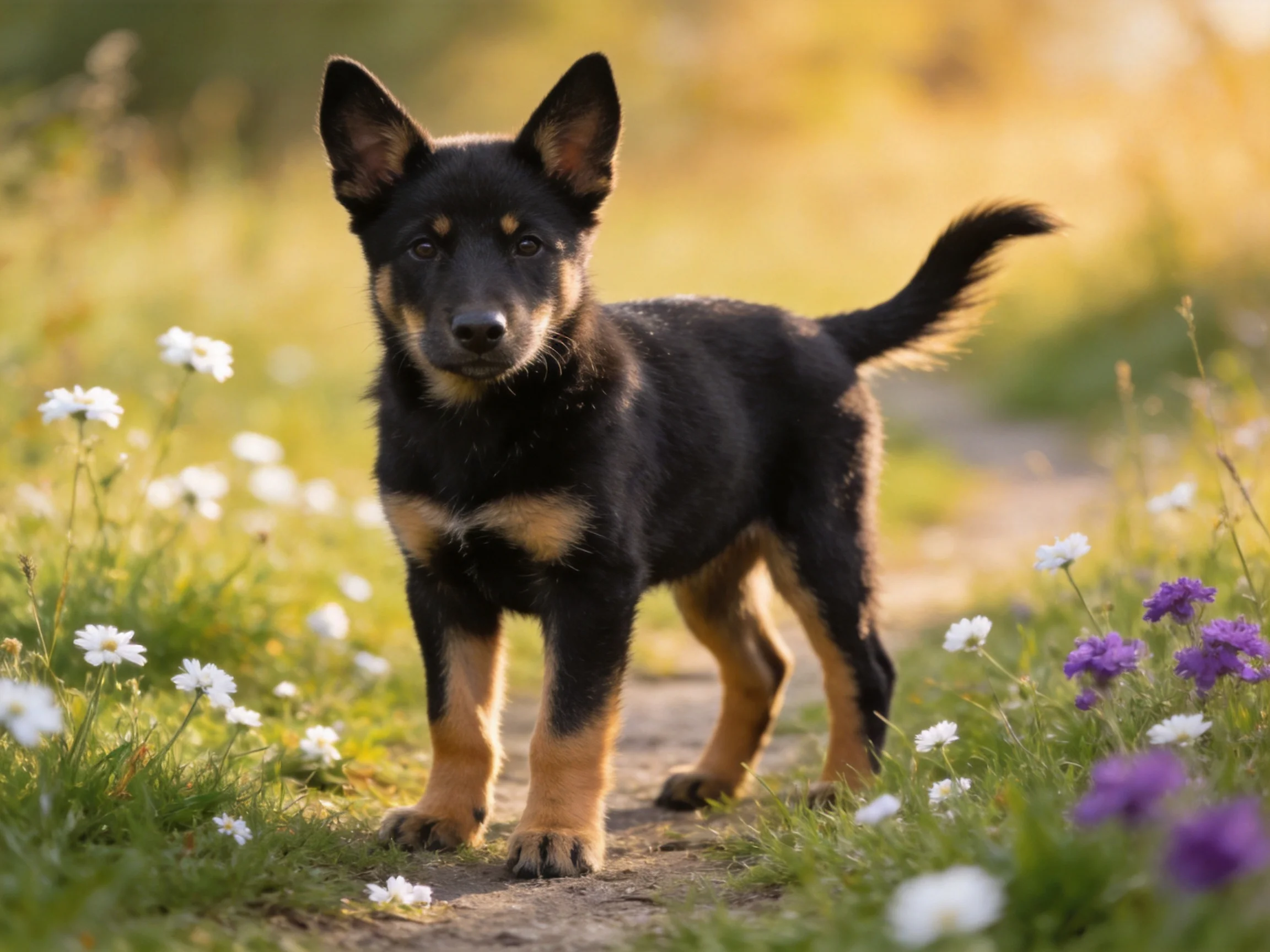 A young black and tan dog stands on a dirt path surrounded by wildflowers.