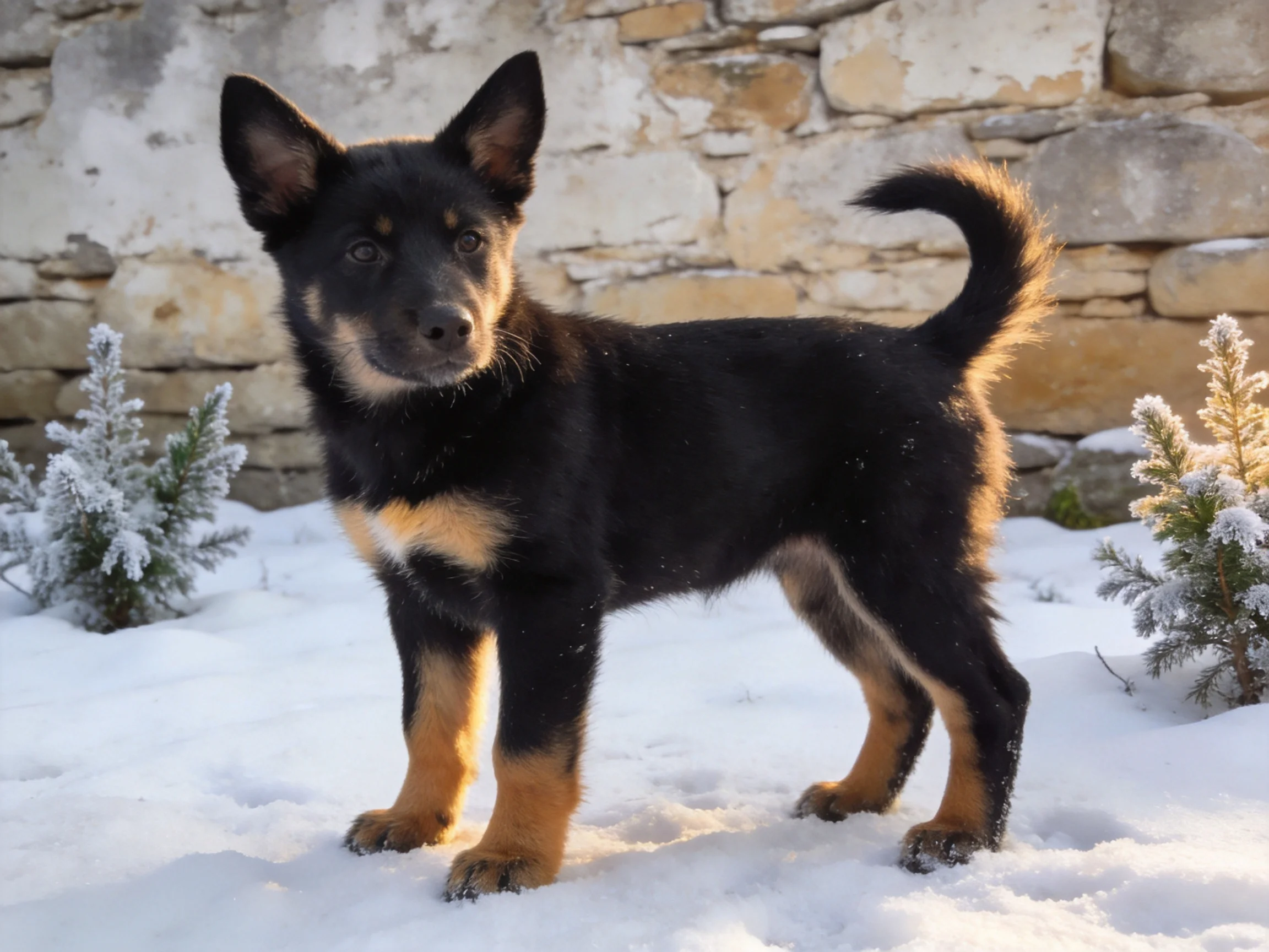 A black and tan puppy stands in snow near a weathered stone wall