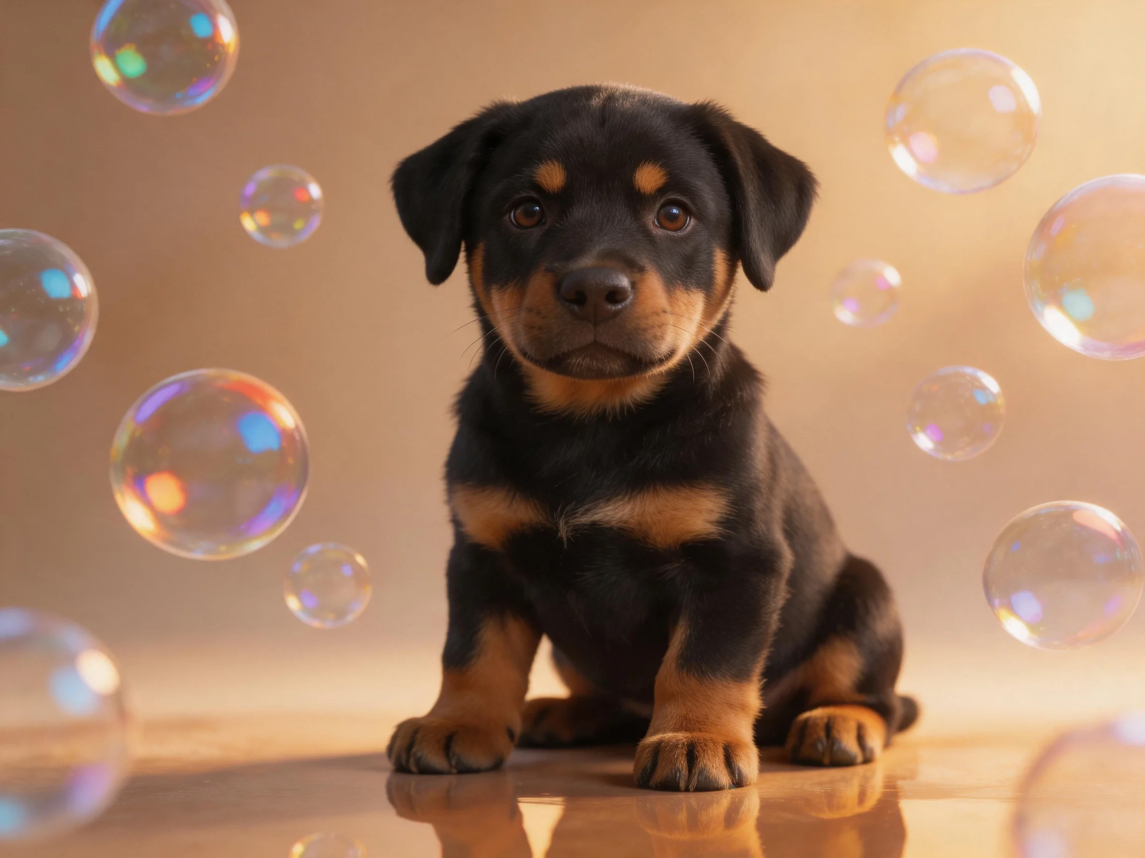 A black and tan puppy sits among floating colorful soap bubbles.