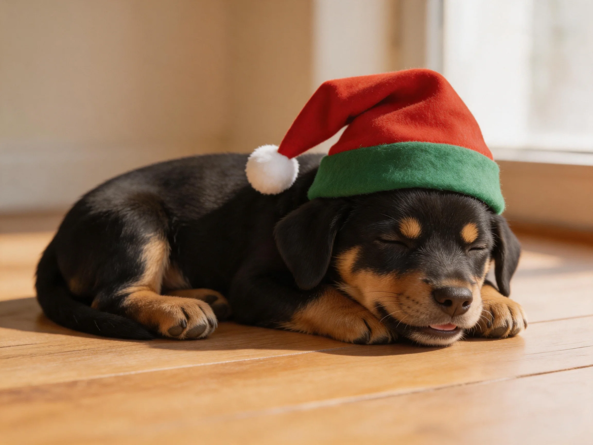 A black and tan puppy wears a red and green Santa hat while resting on wood flooring