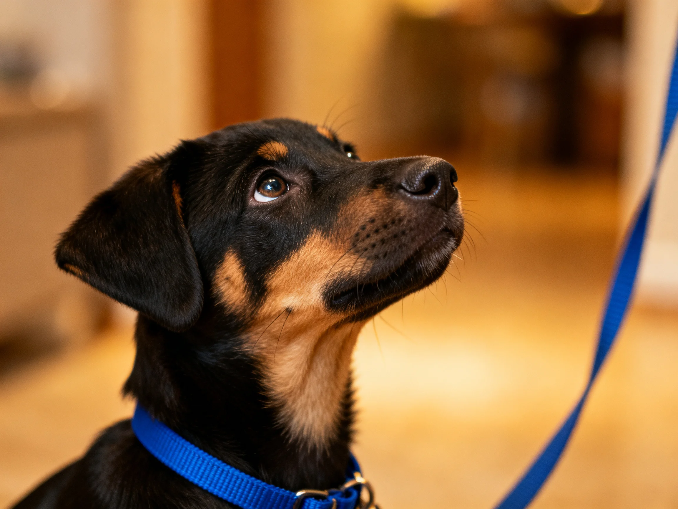 A black and tan puppy with a blue collar gazes upward near a blue leash.