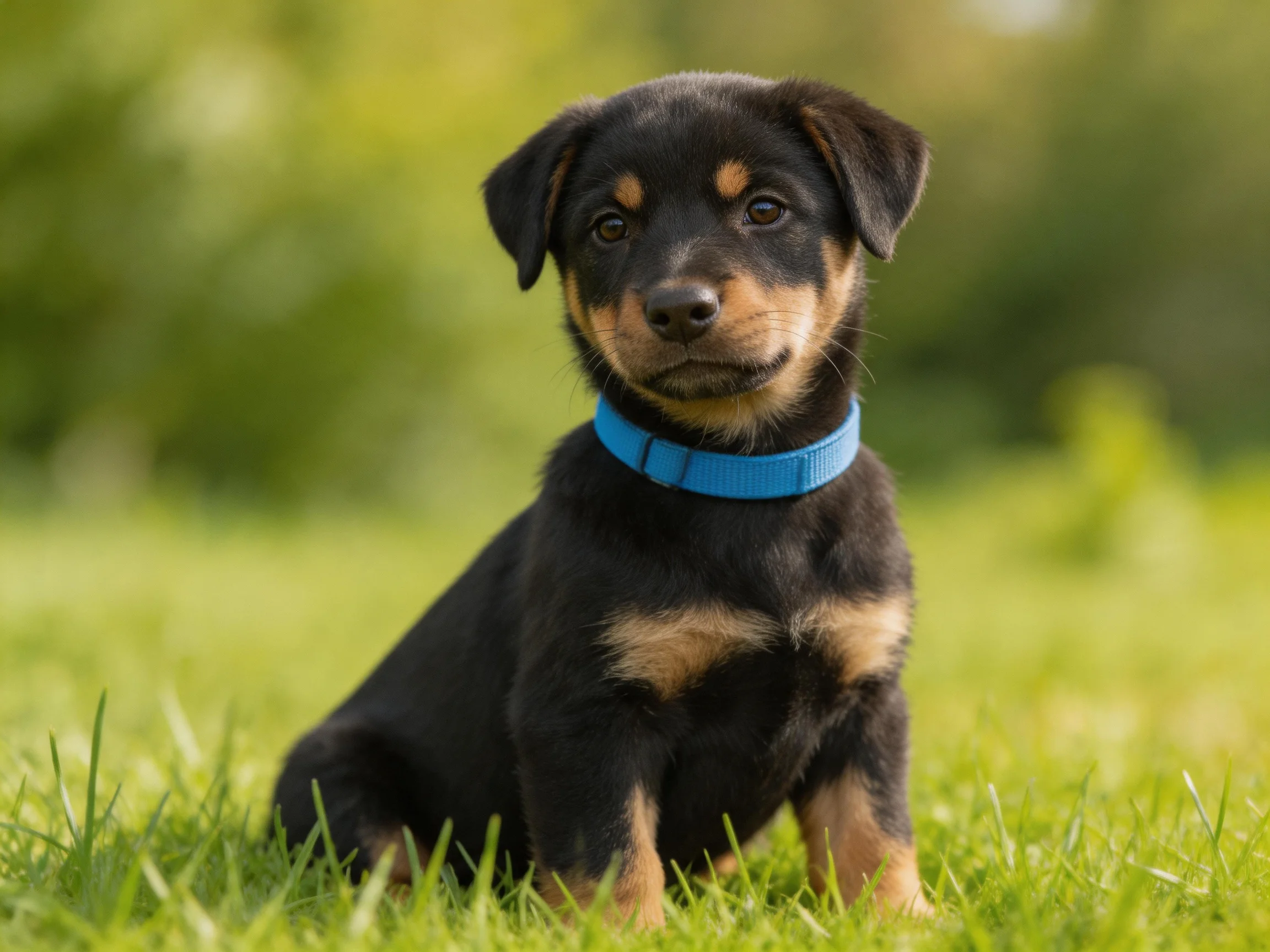 A black and tan puppy with a bright blue collar sits on lush green grass