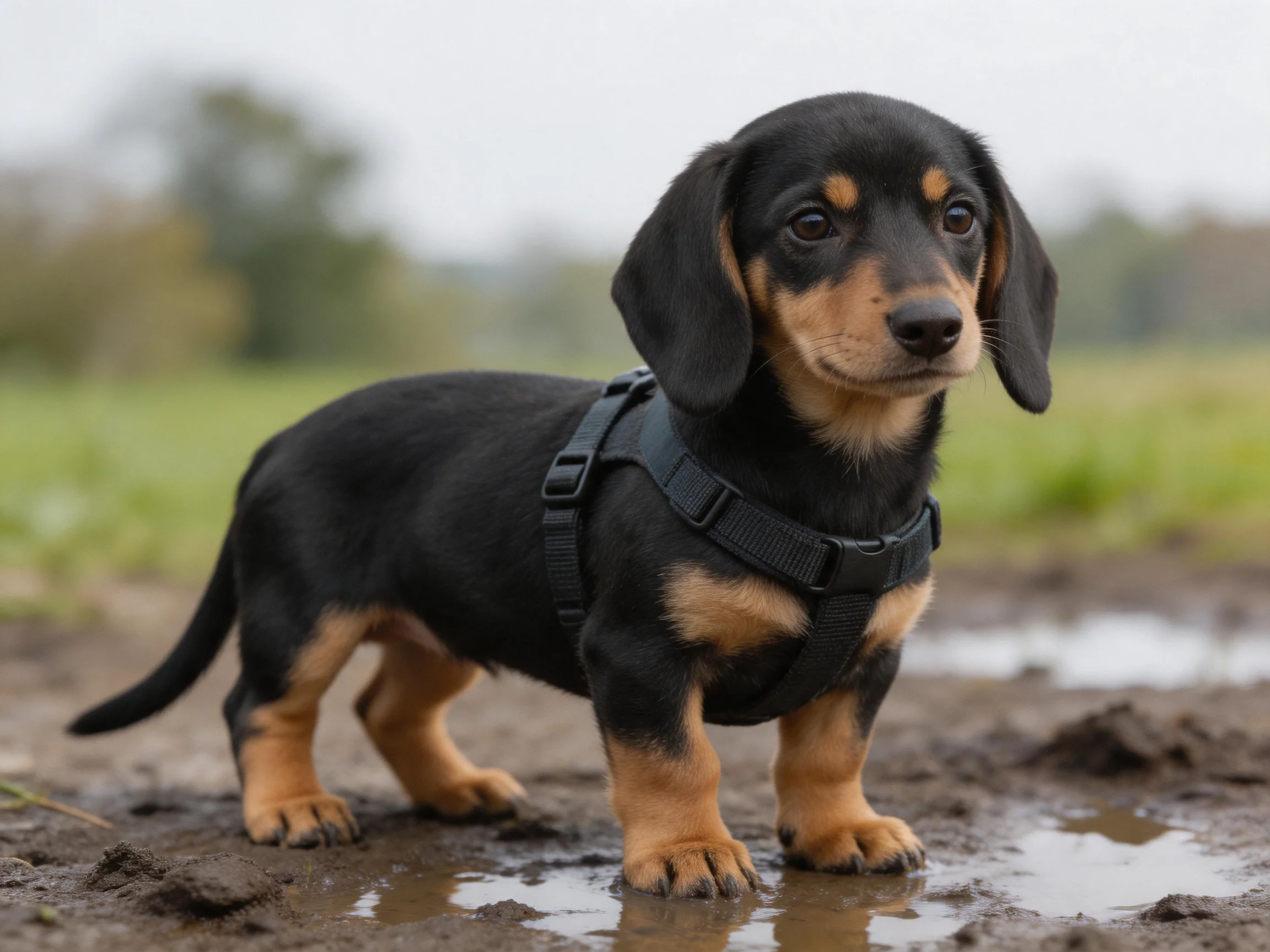 A small black and tan puppy with a harness stands on muddy ground near puddles.