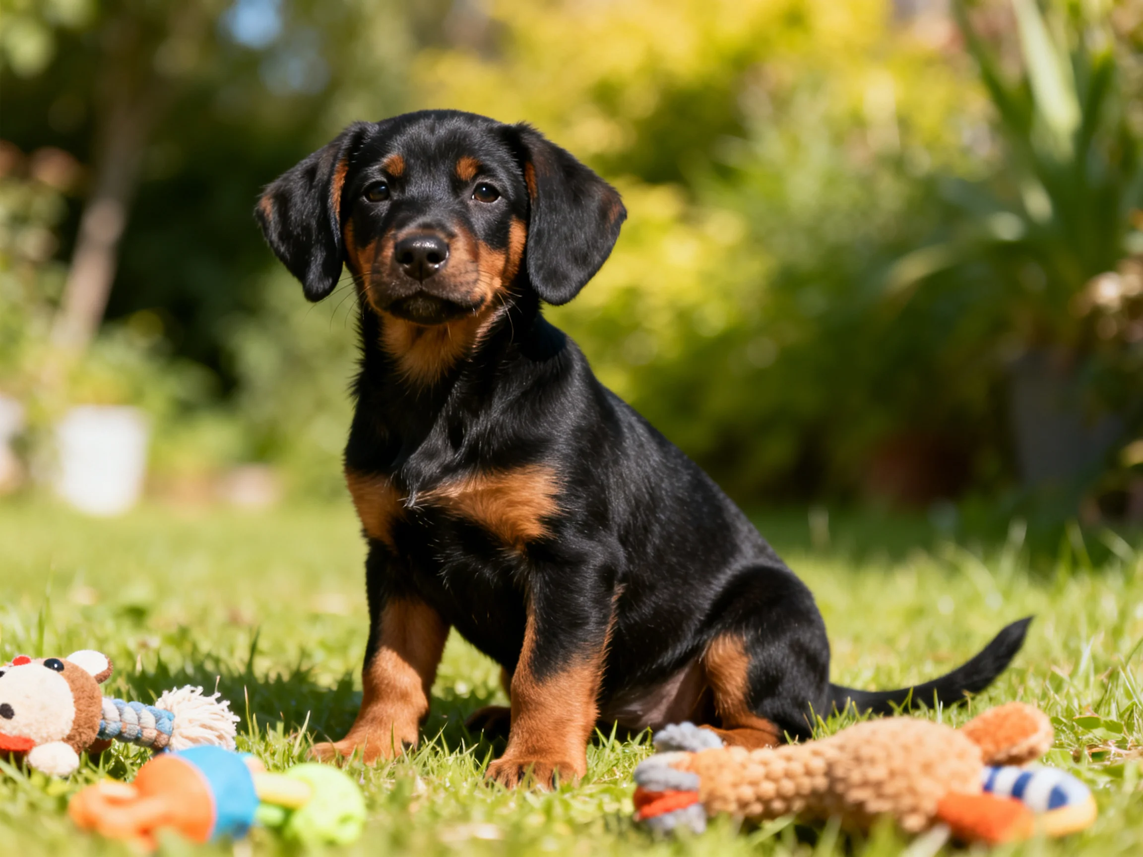 A black and tan puppy with colorful plush toys on green grass