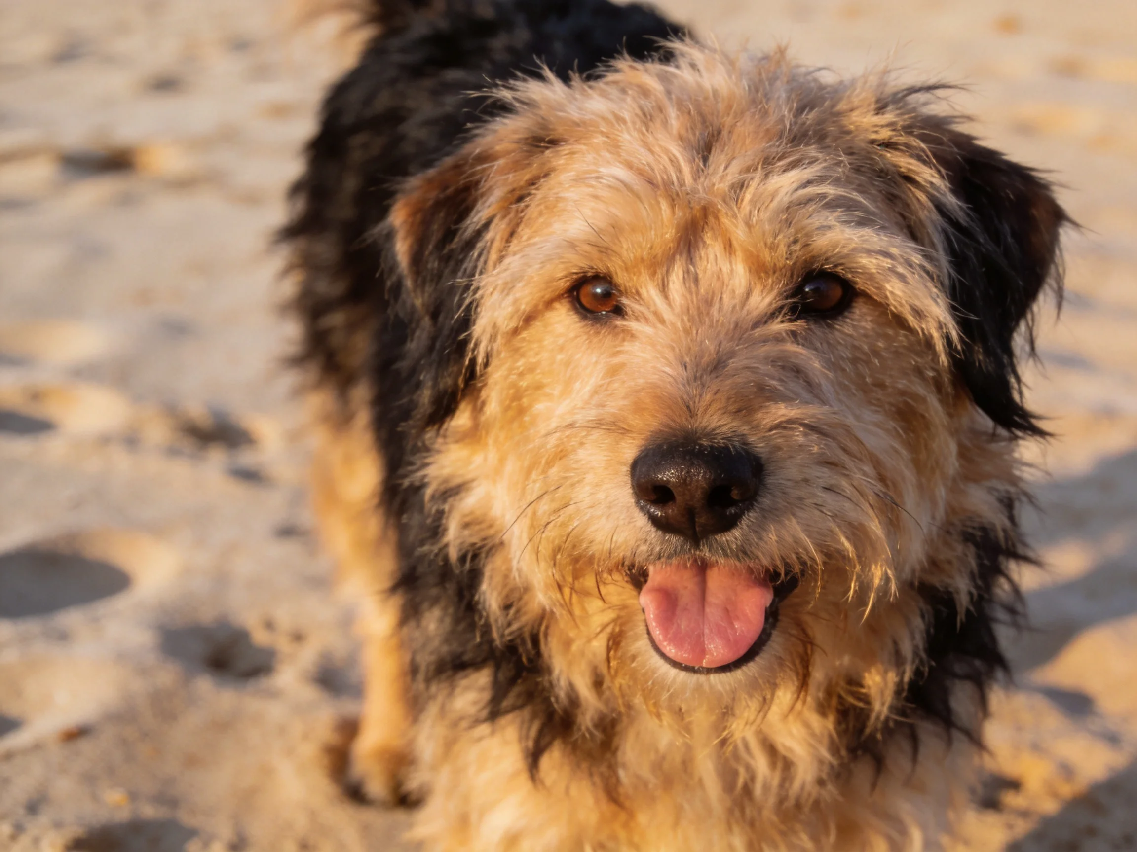 A black and tan shaggy dog stands on sandy ground in sunlight.