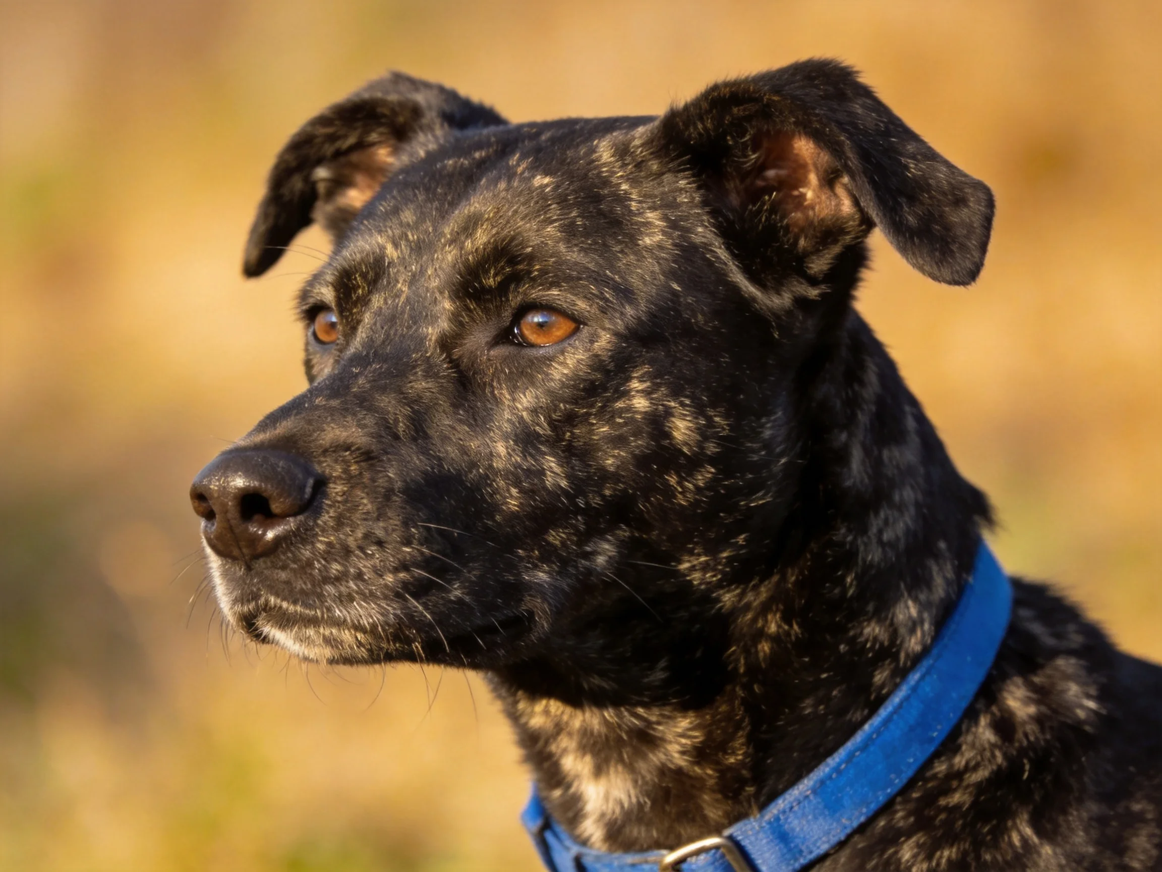 A black and tan speckled dog with a blue collar lookses attentively in an outdoor area.