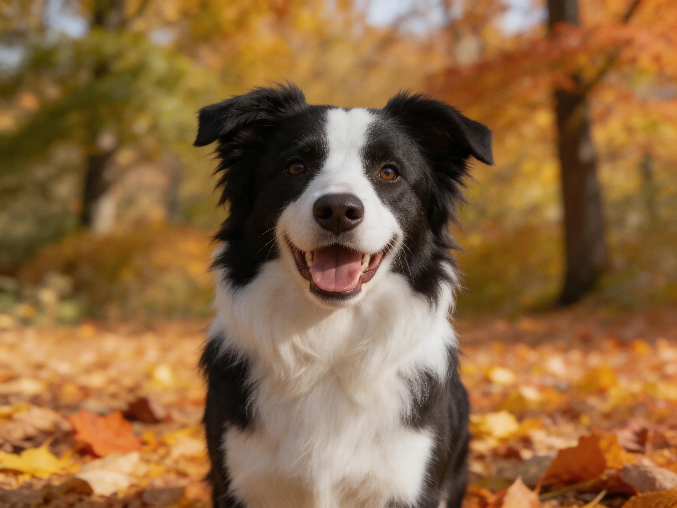 A cheerful black-and-white Border Collie sits among fallen autumn leaves in a wooded area.