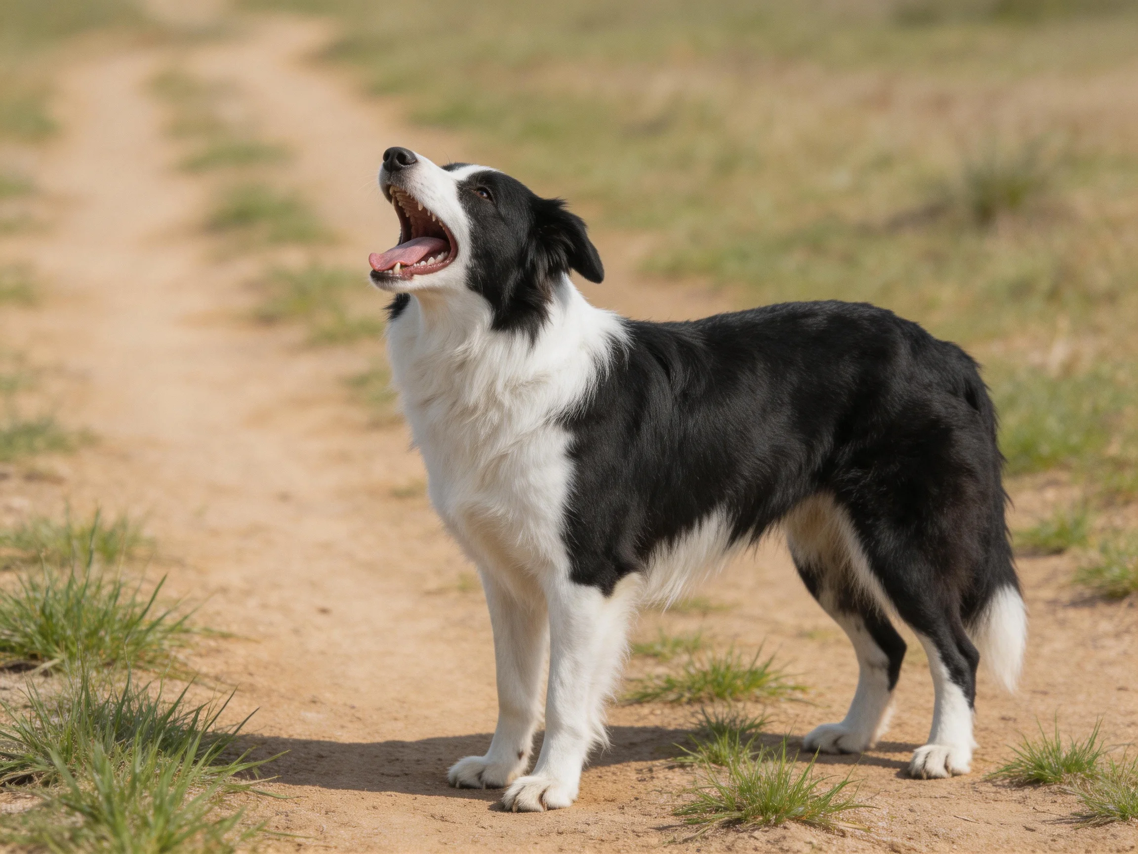 A black and white Border Collie stands on a dirt path with its mouth open, appearing to bark.