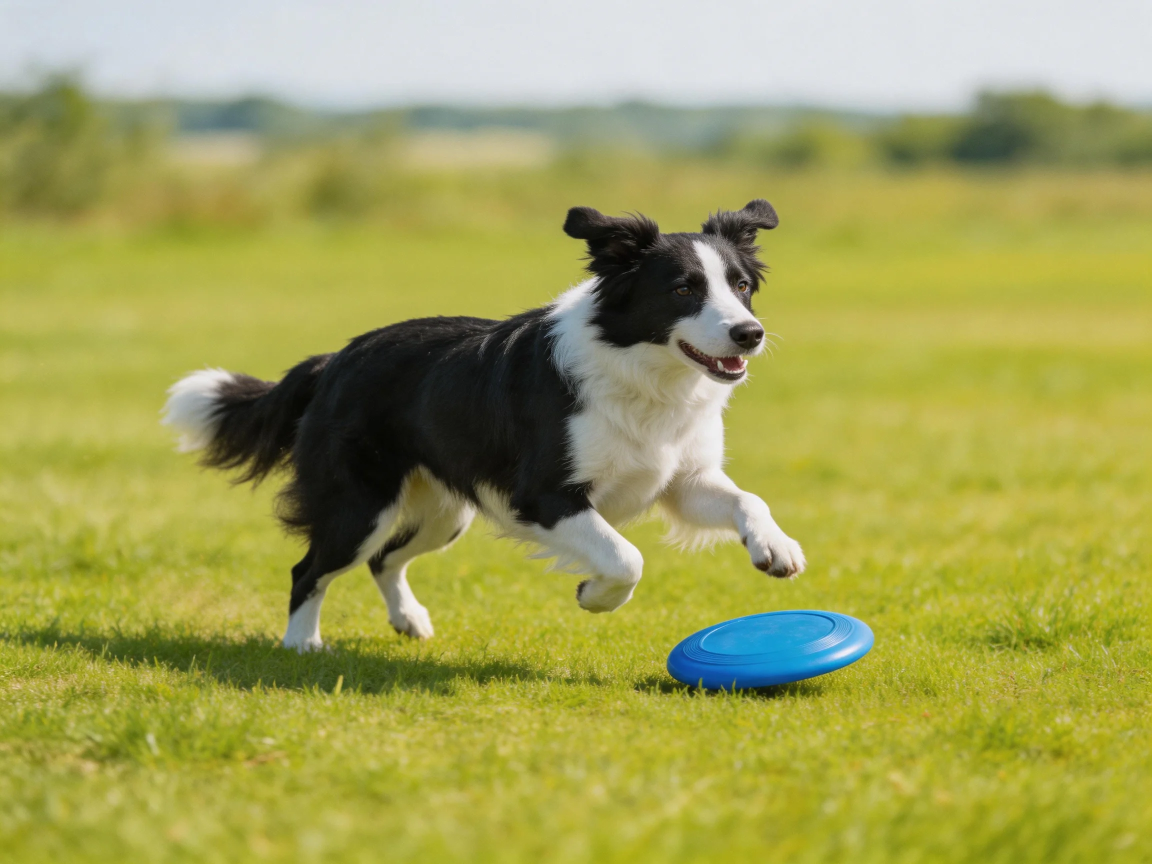 A black and white Border Collie chases a blue frisbee across a sunlit grassy area.