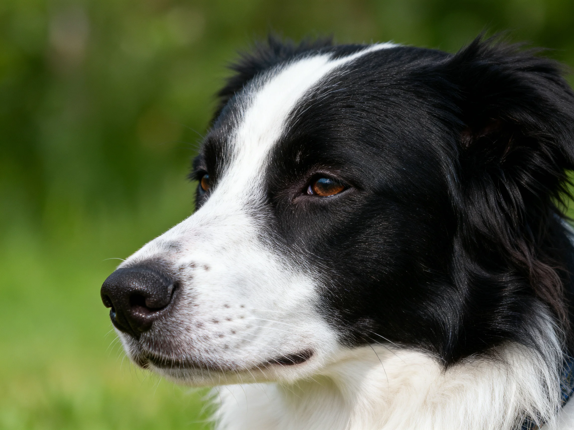 A black and white Border Collie gazes thoughtfully into the distance