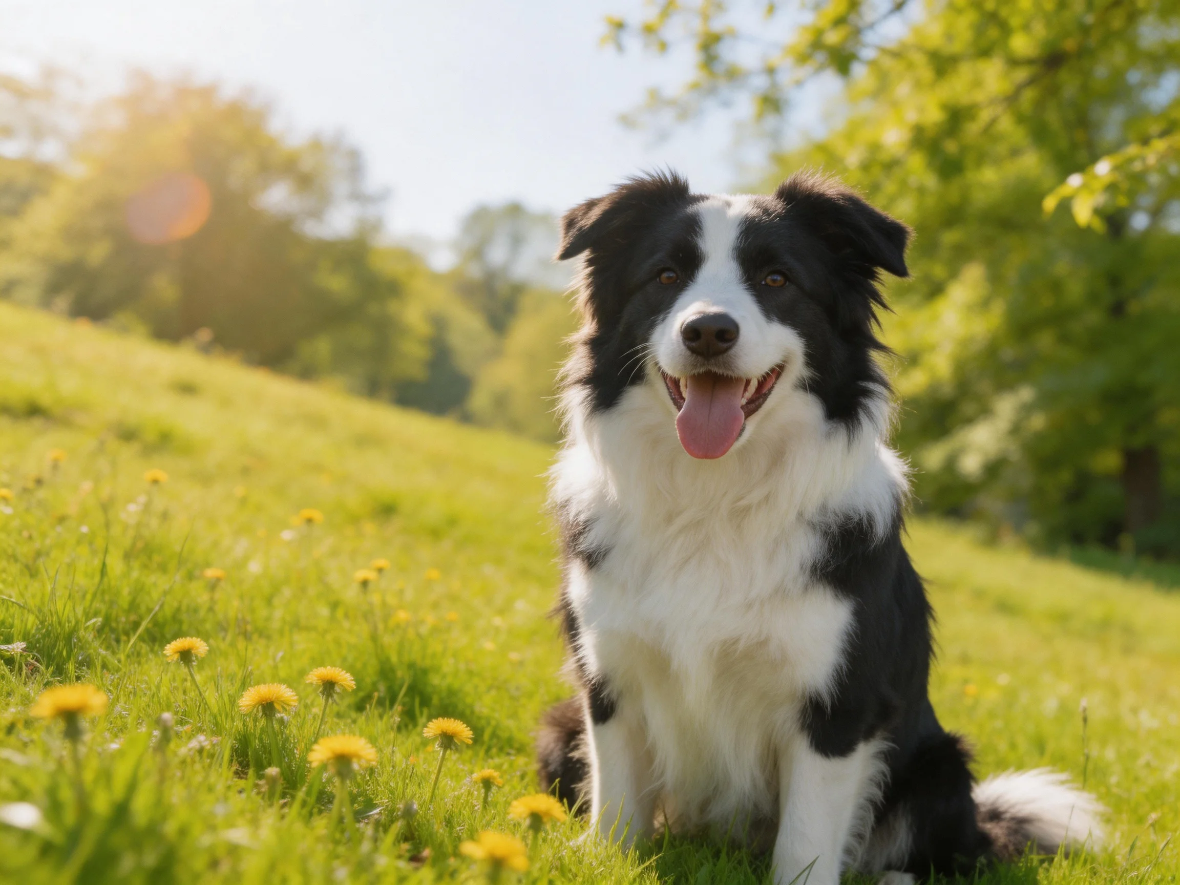 A cheerful black-and-white dog sits in a sunlit meadow with yellow flowers.