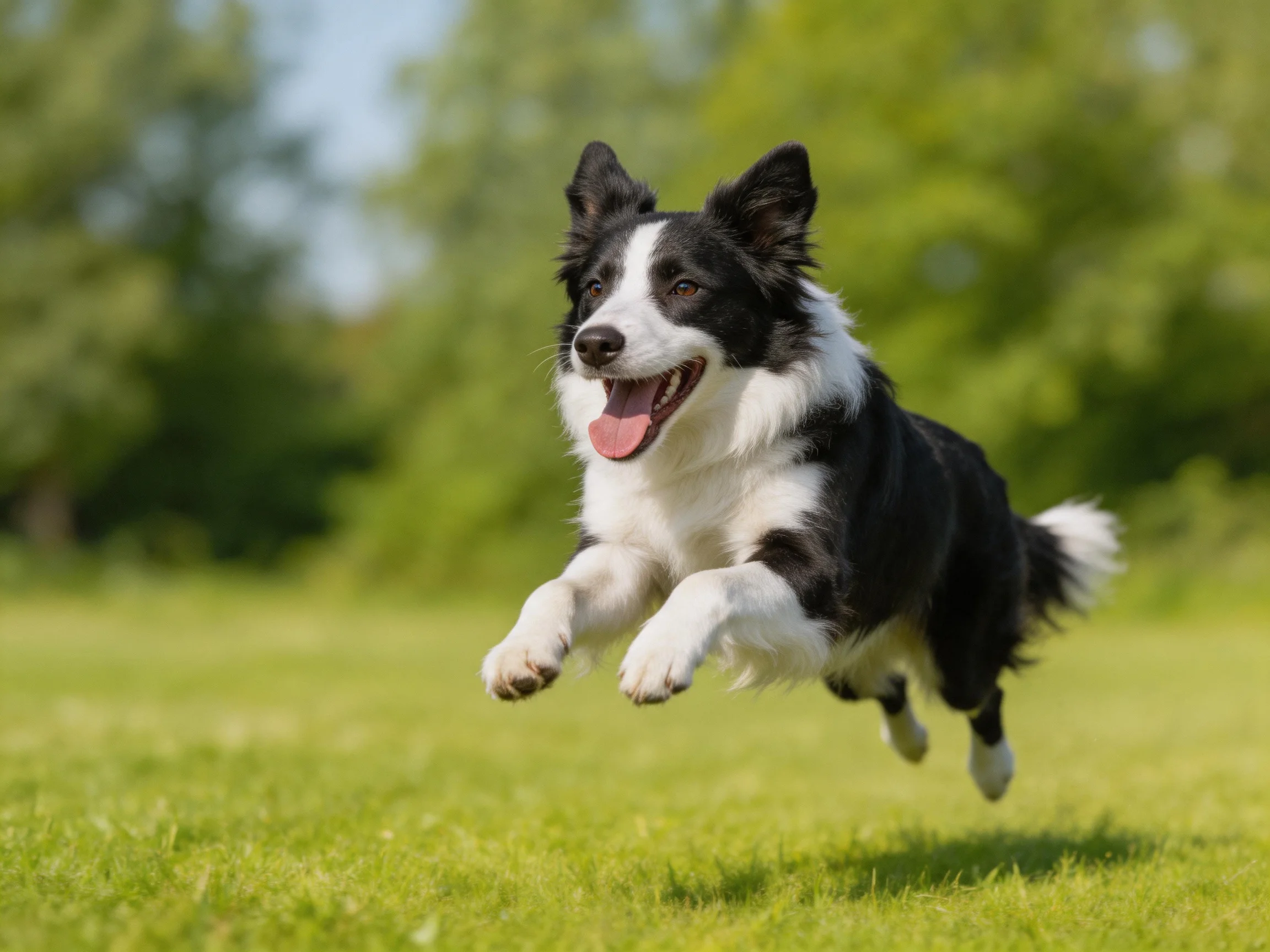 A black and white Border Collie joyfully leaping over lush green grass