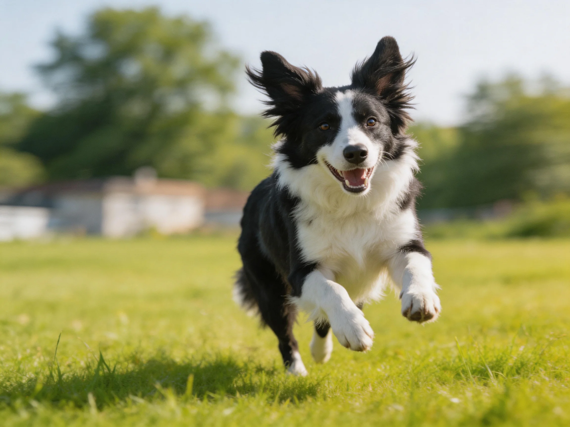 A black and white Border Collie runs happily on a sunlit grassy field.