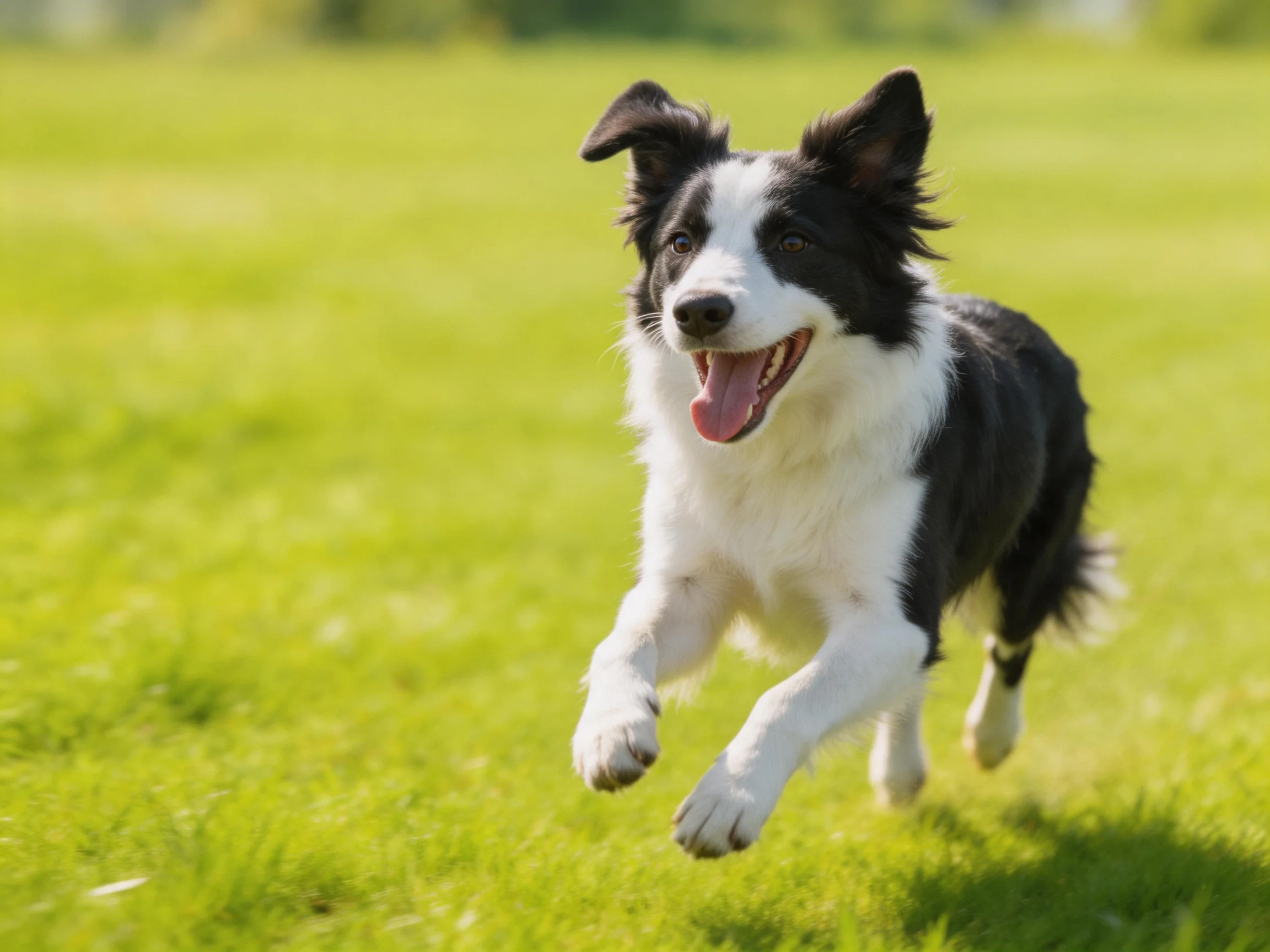A black and white Border Collie runs happily across green grass.