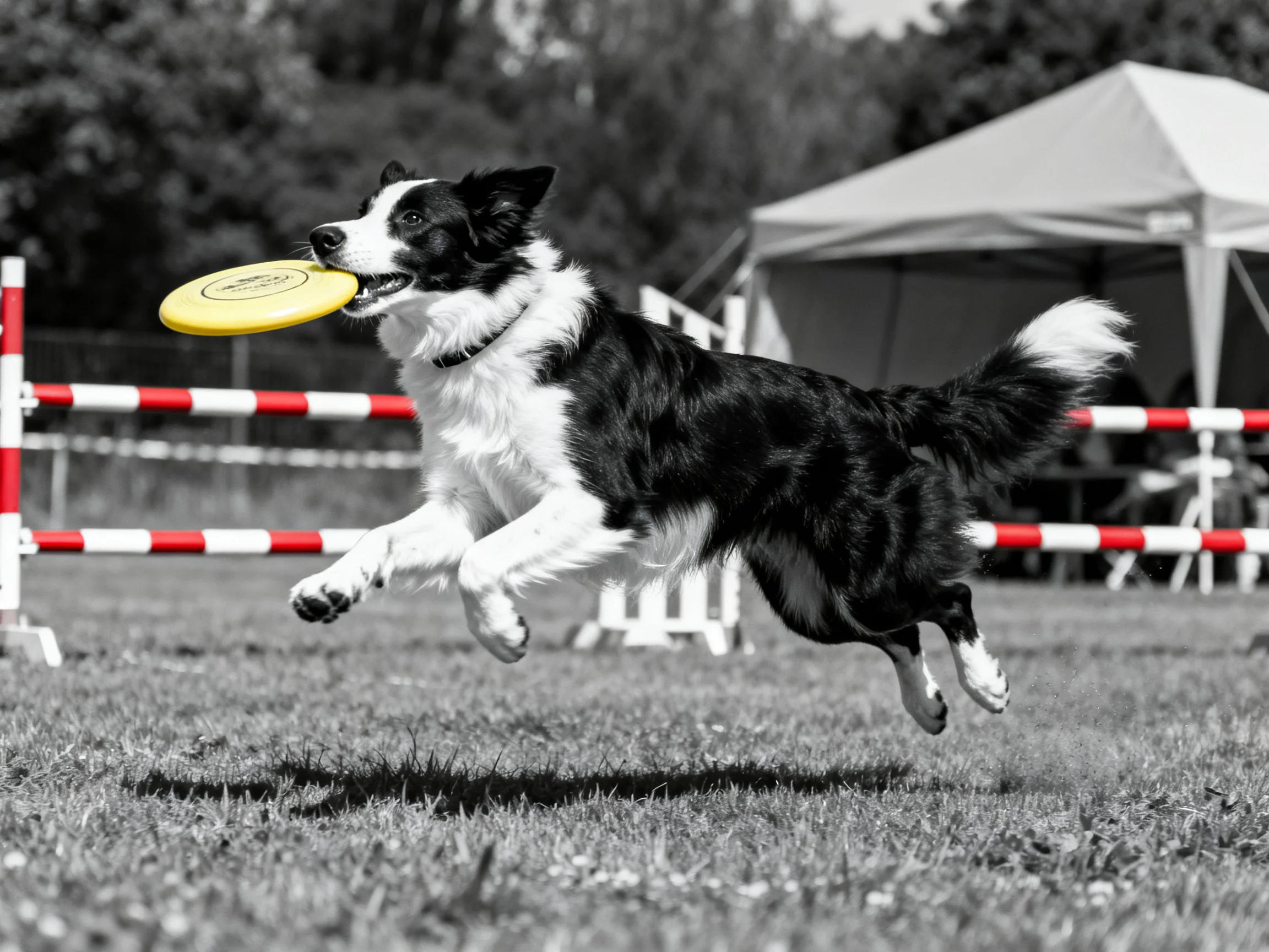 A black-and-white Border Collie jumps to catch a yellow frisbee near agility obstacles.