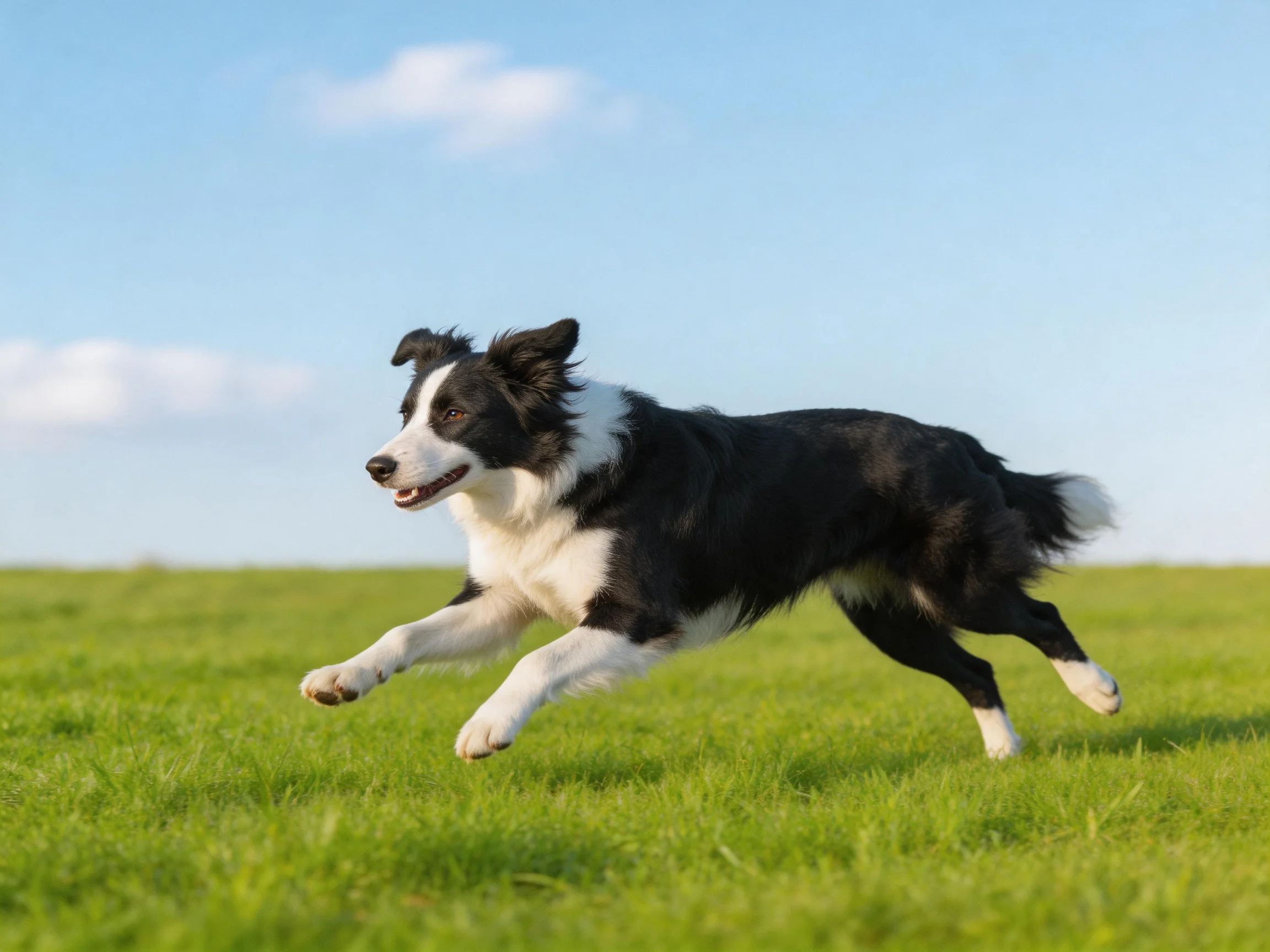 A black and white Border Collie runs energetically across a field of green grass.