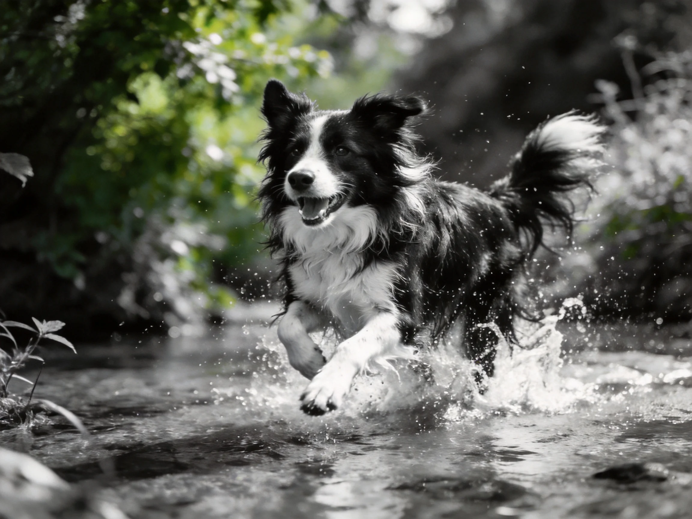 A black-and-white Border Collie leaping through a shallow stream
