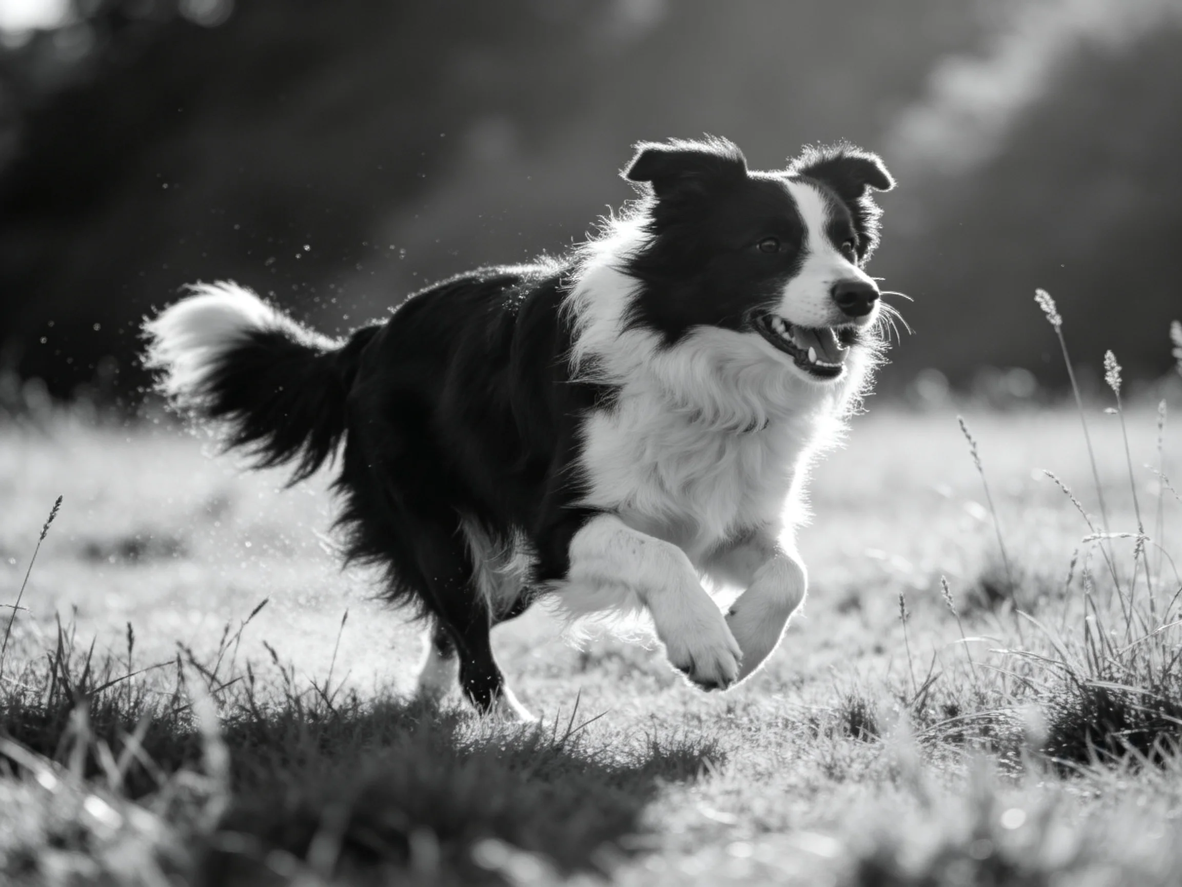 A black-and-white Border Collie joyfully runs through a sunlit meadow.