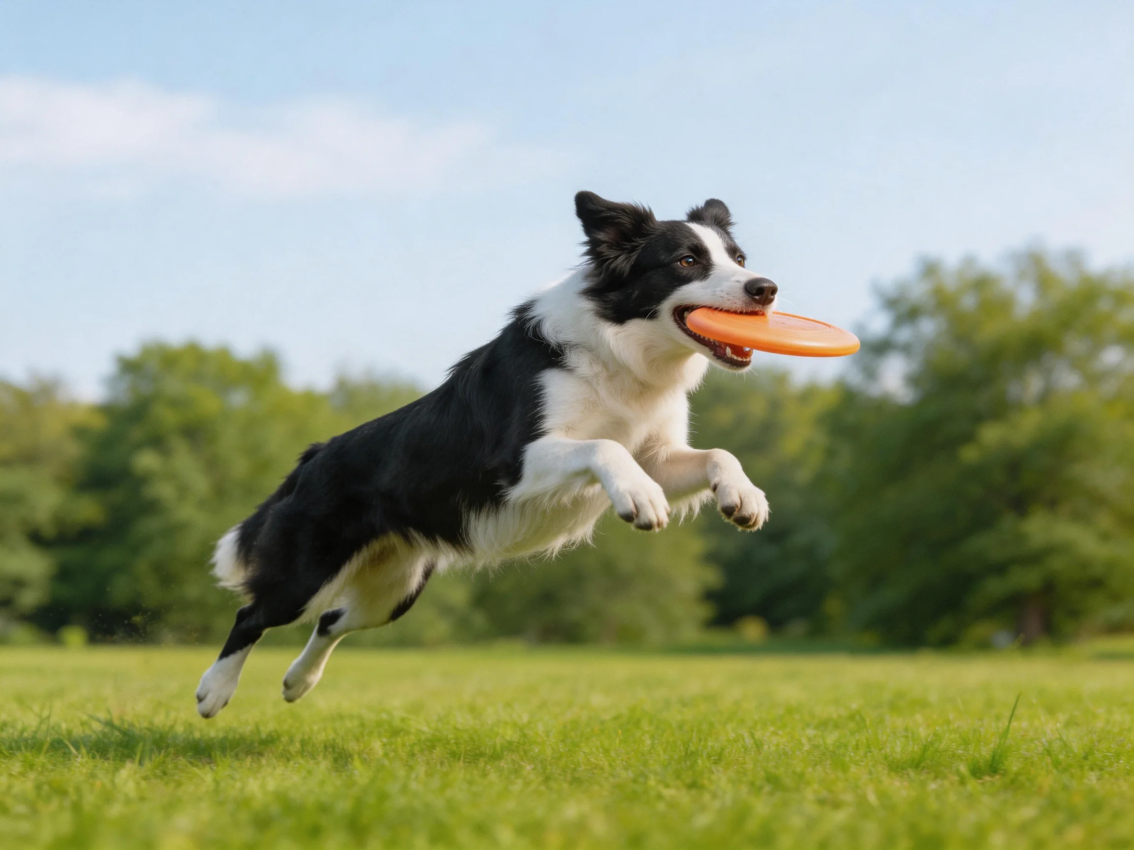 A black and white Border Collie jumps to catch an orange frisbee in a grassy area.