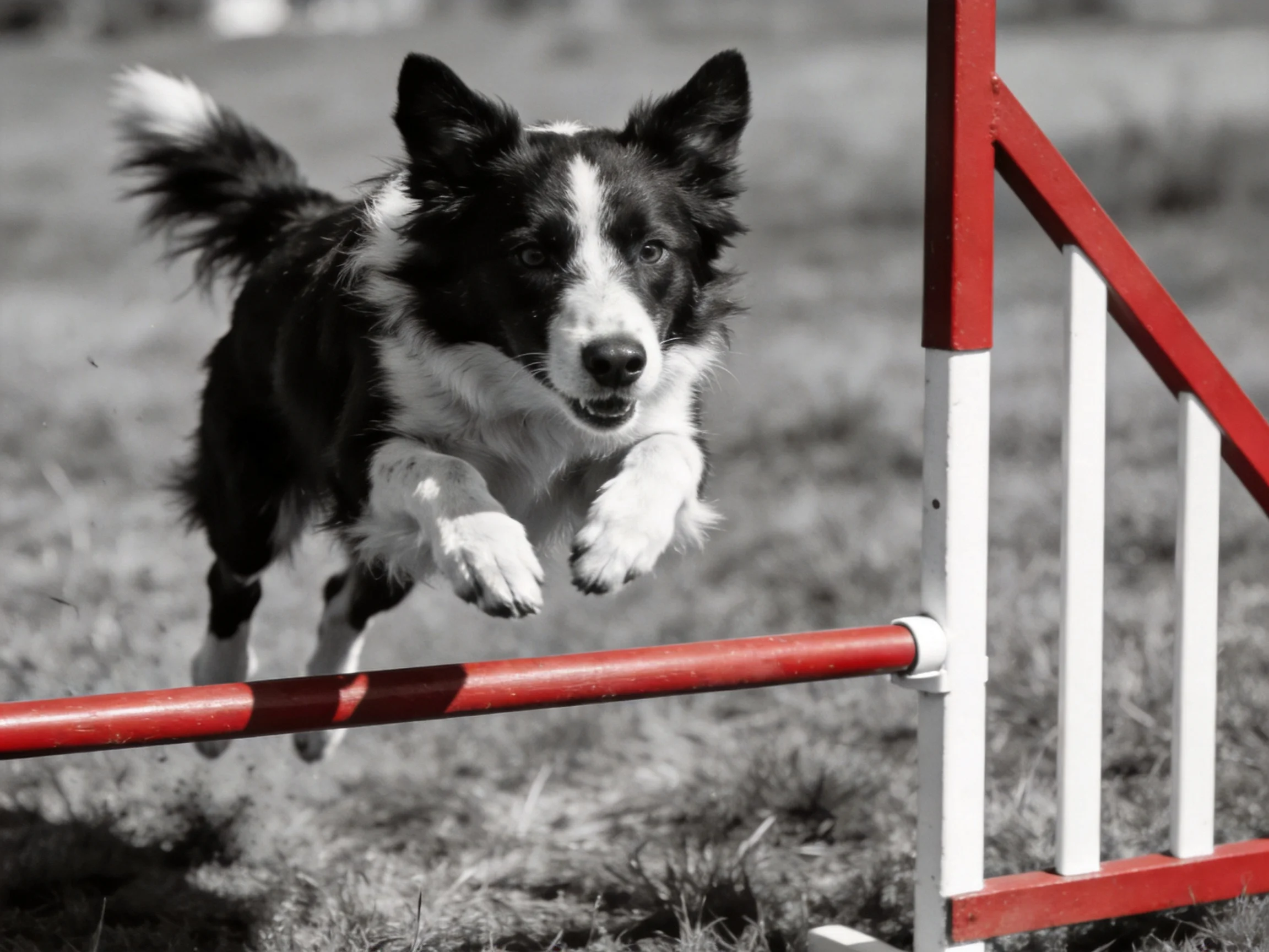 A black and white Border Collie jumps over an agility obstacle in a field.