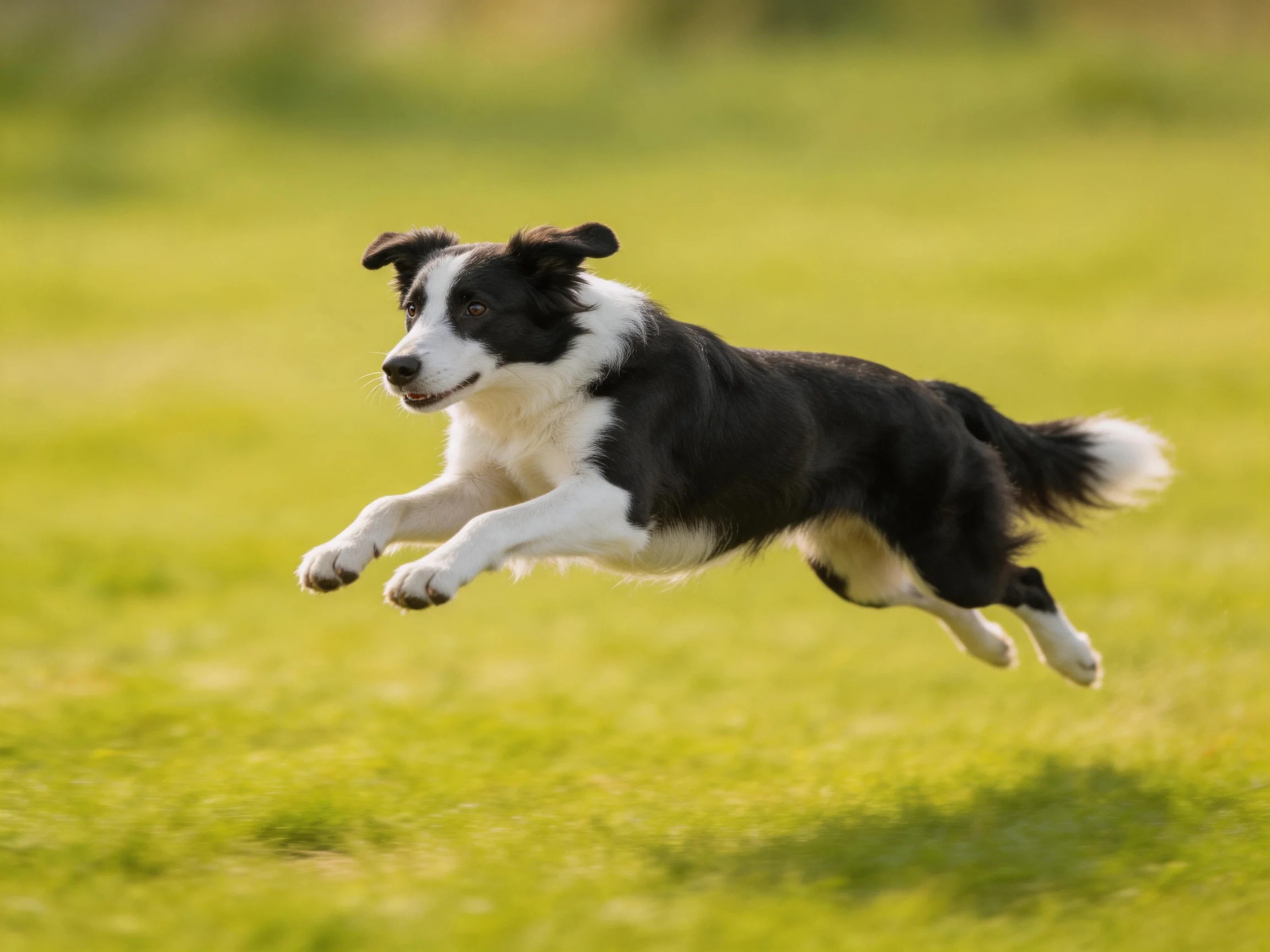 A black and white Border Collie jumps mid-air over a grassy field.