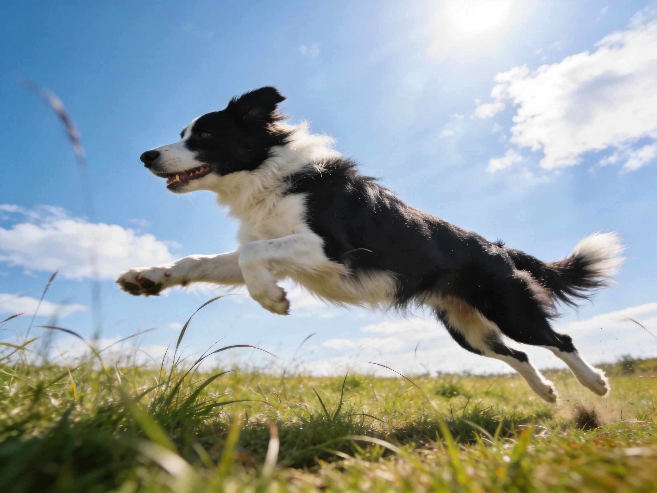A black-and-white dog leaps energetically in a sunlit meadow