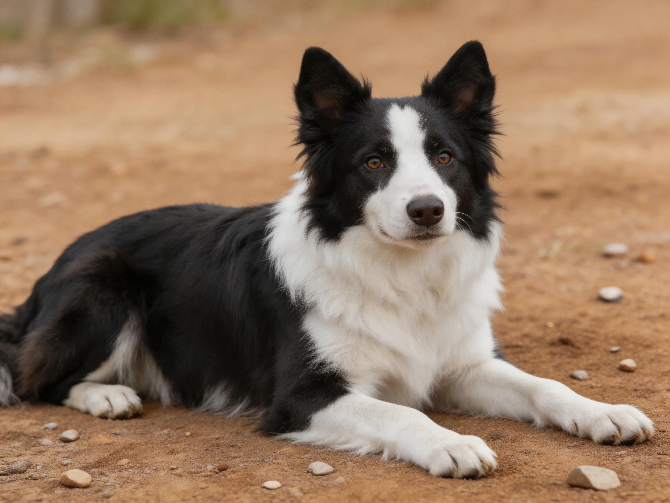 A black and white Border Collie rests on a dirt surface.