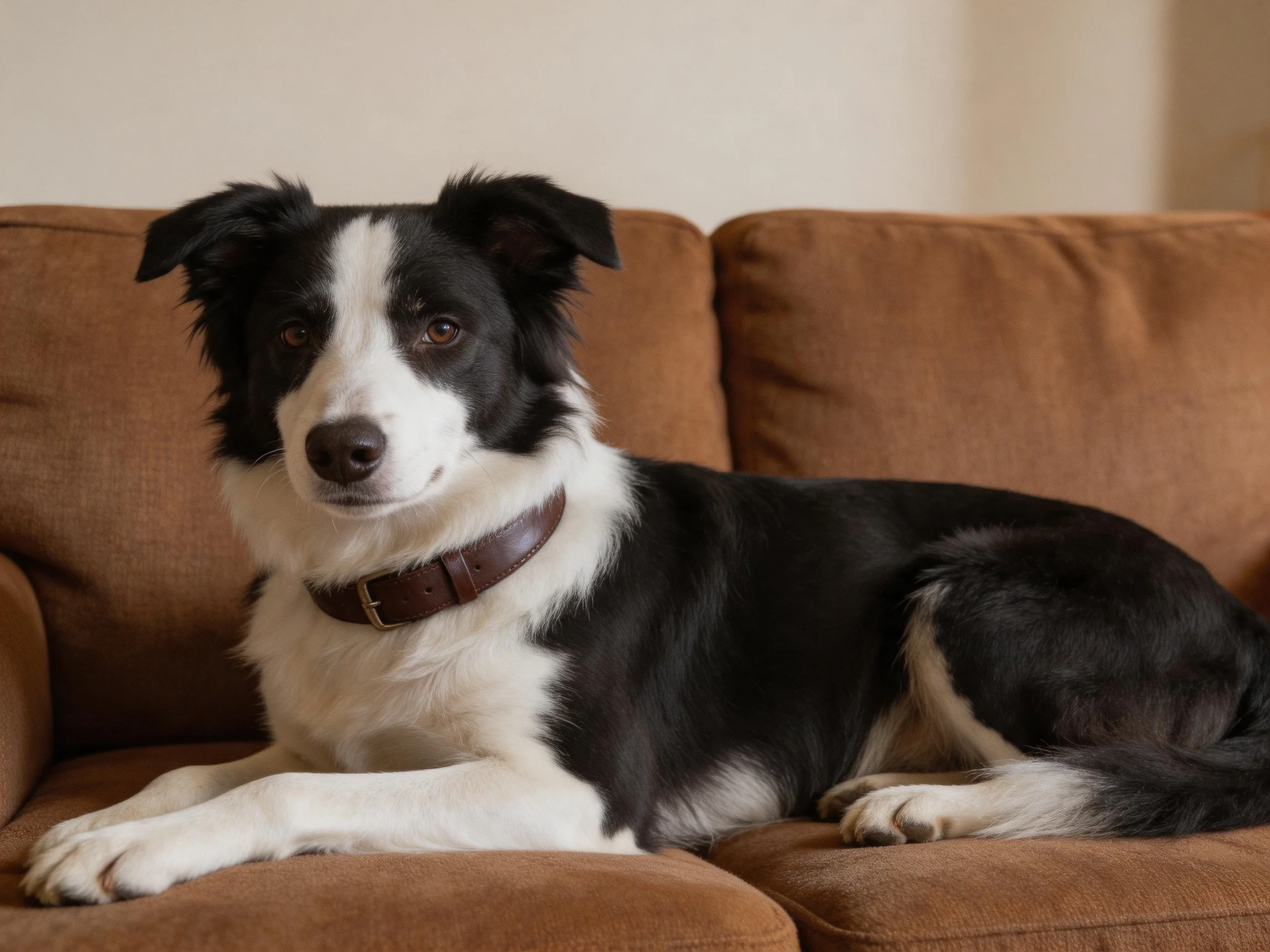A black and white Border Collie relaxes on a brown sofa.