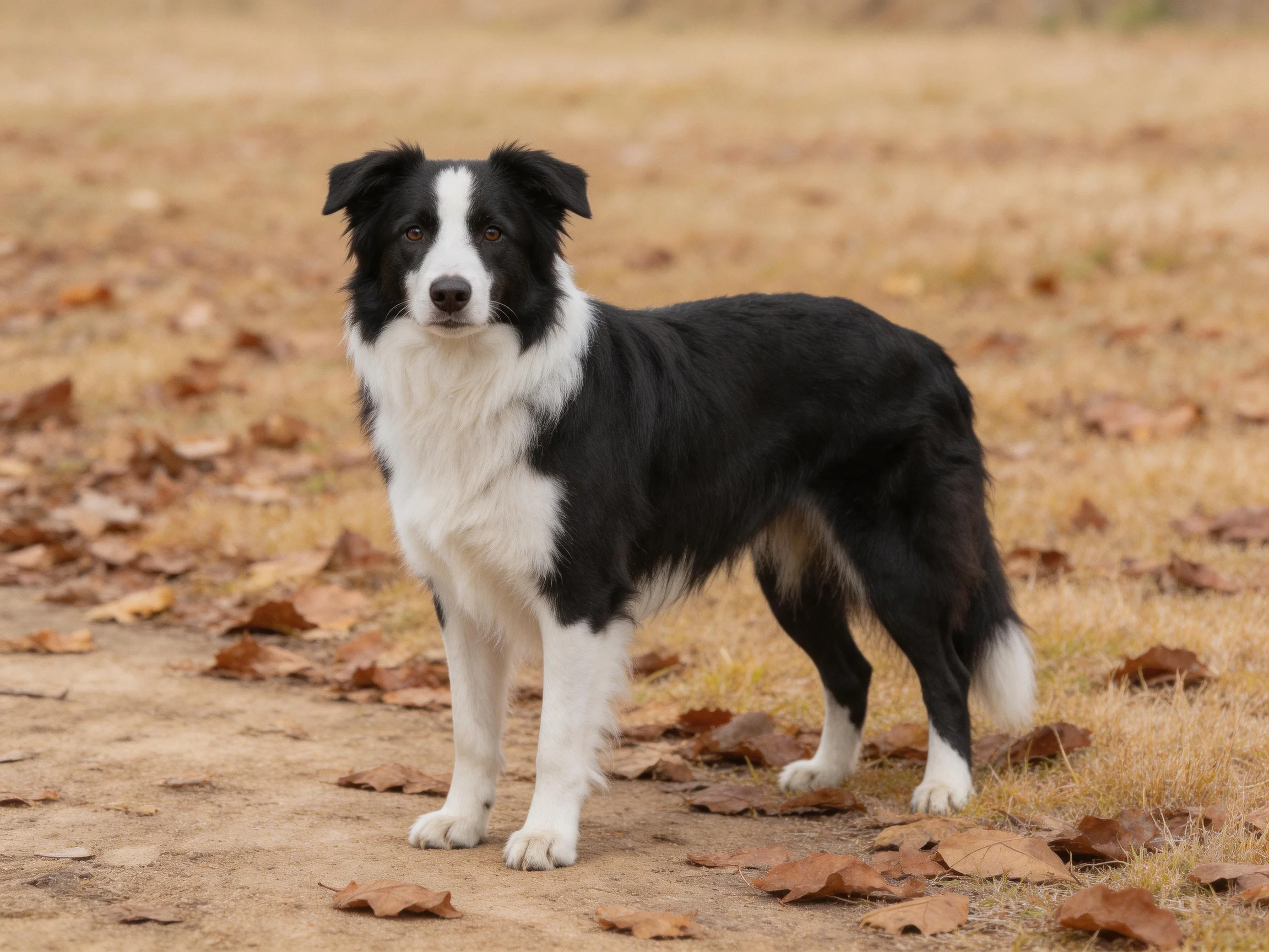 A black and white Border Collie stands on a dirt path with scattered leaves.