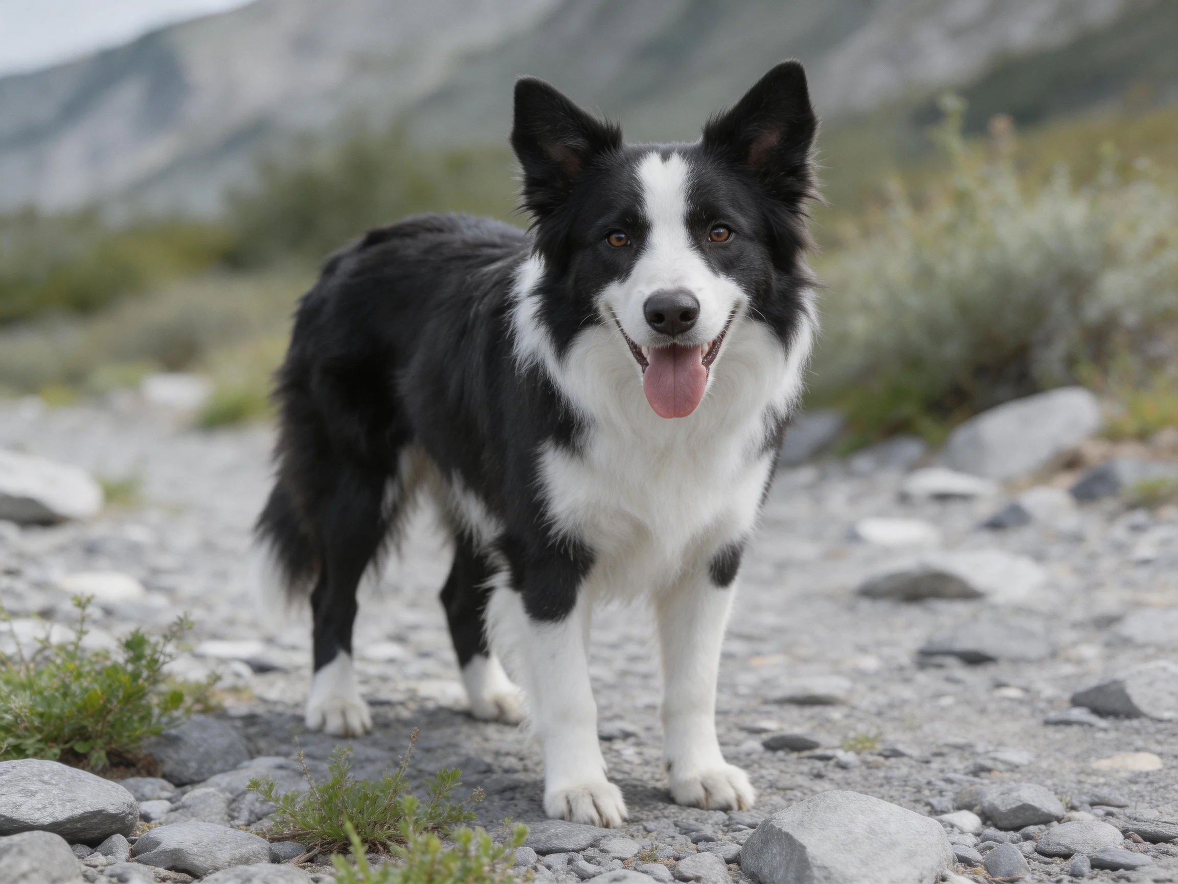 A black and white Border Collie stands on rocky ground near vegetation.