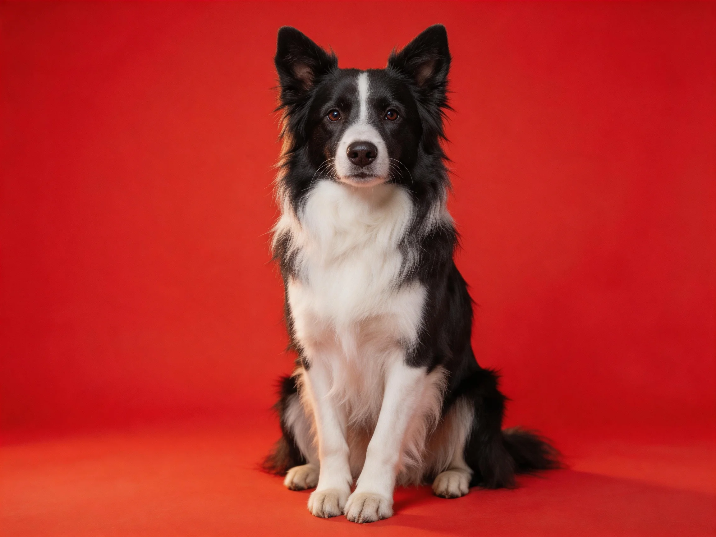 A black and white Border Collie sits against a red backdrop.