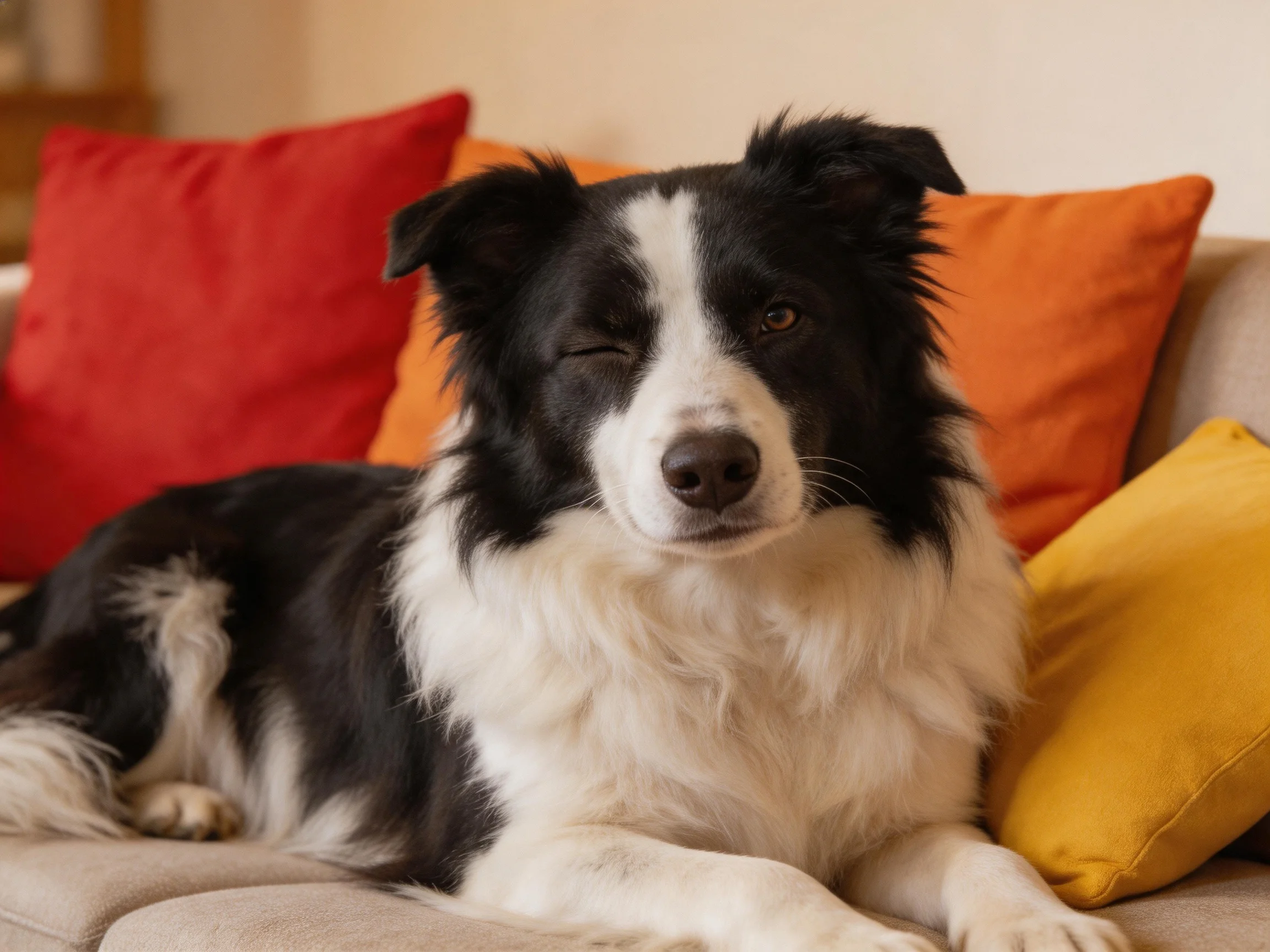 A black and white Border Collie rests on a couch with colorful throw pillows, winking playfully.
