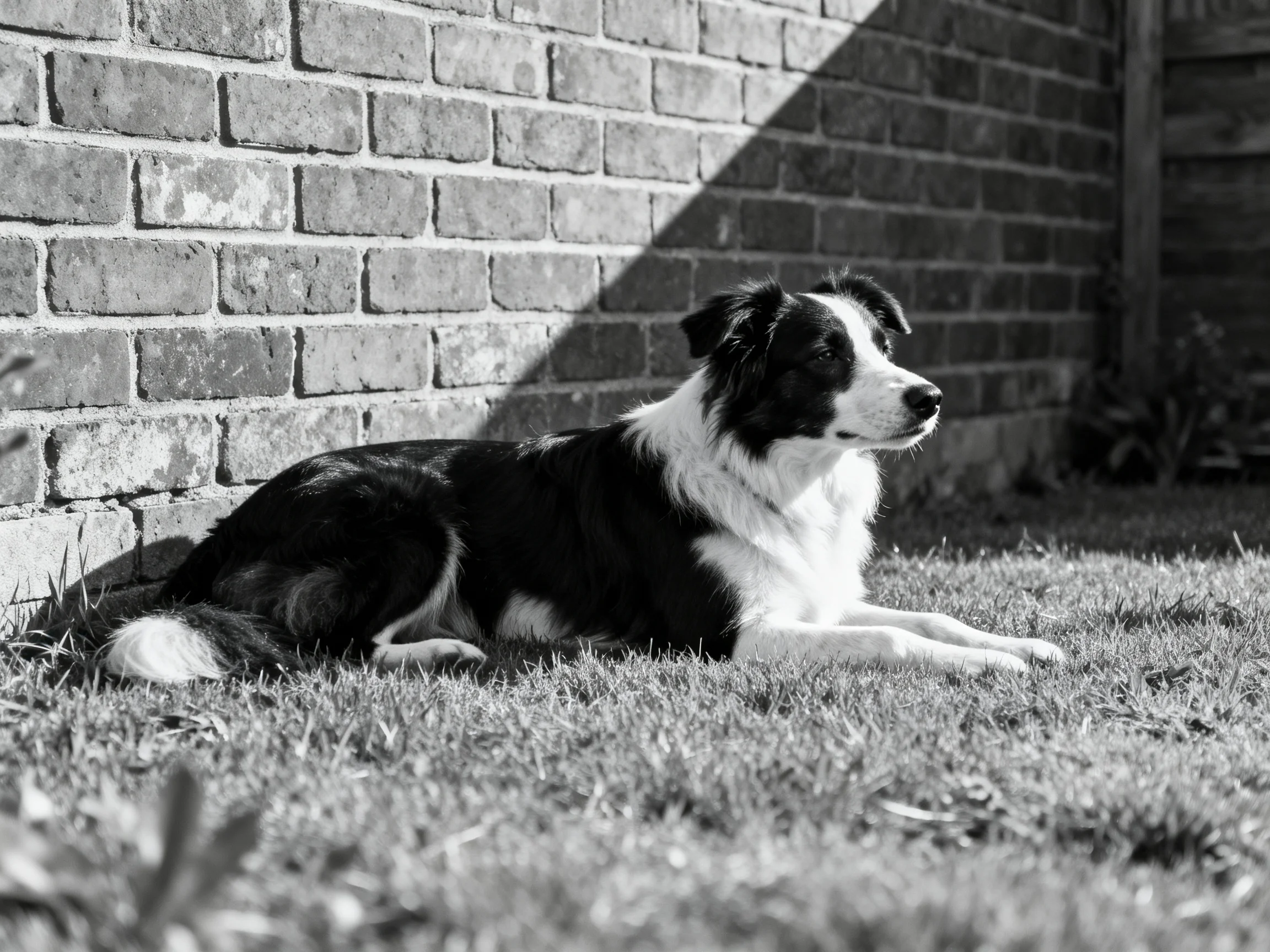 A black-and-white Border Collie lies on grass near a brick wall