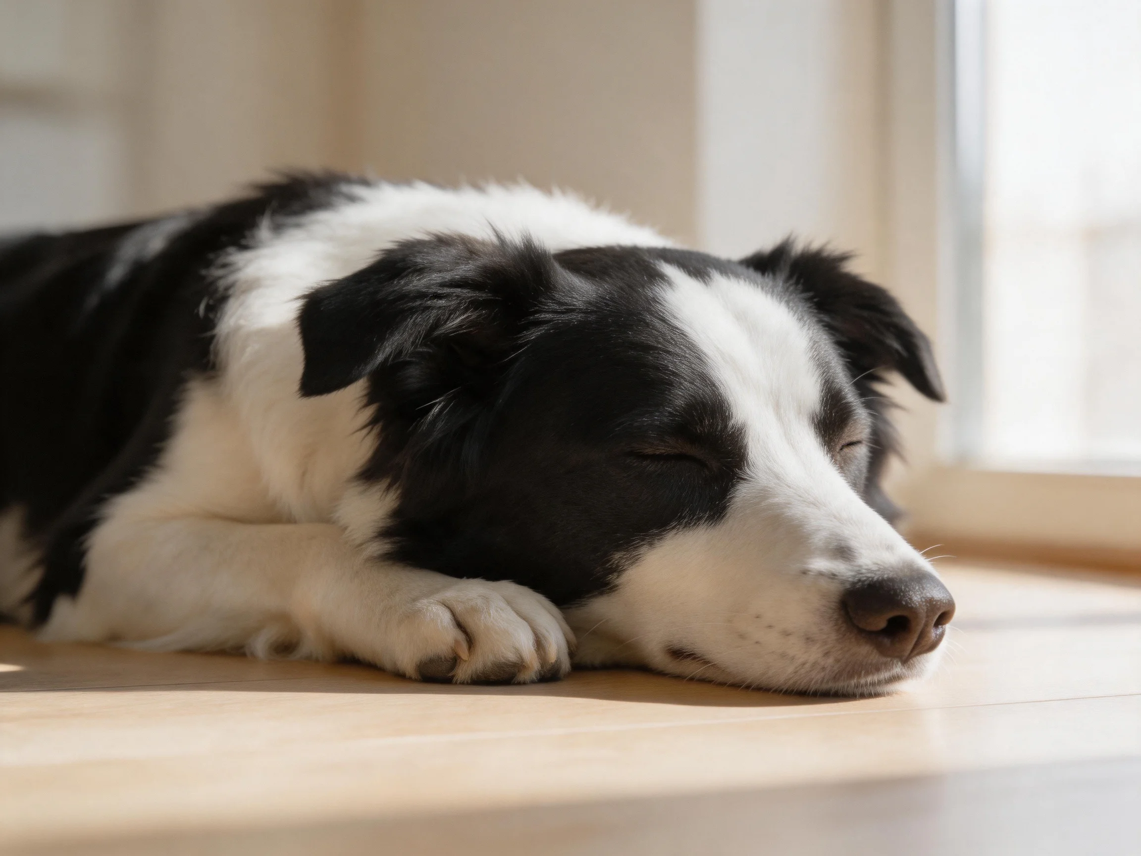 A black and white Border Collie sleeps near a sunlit window.