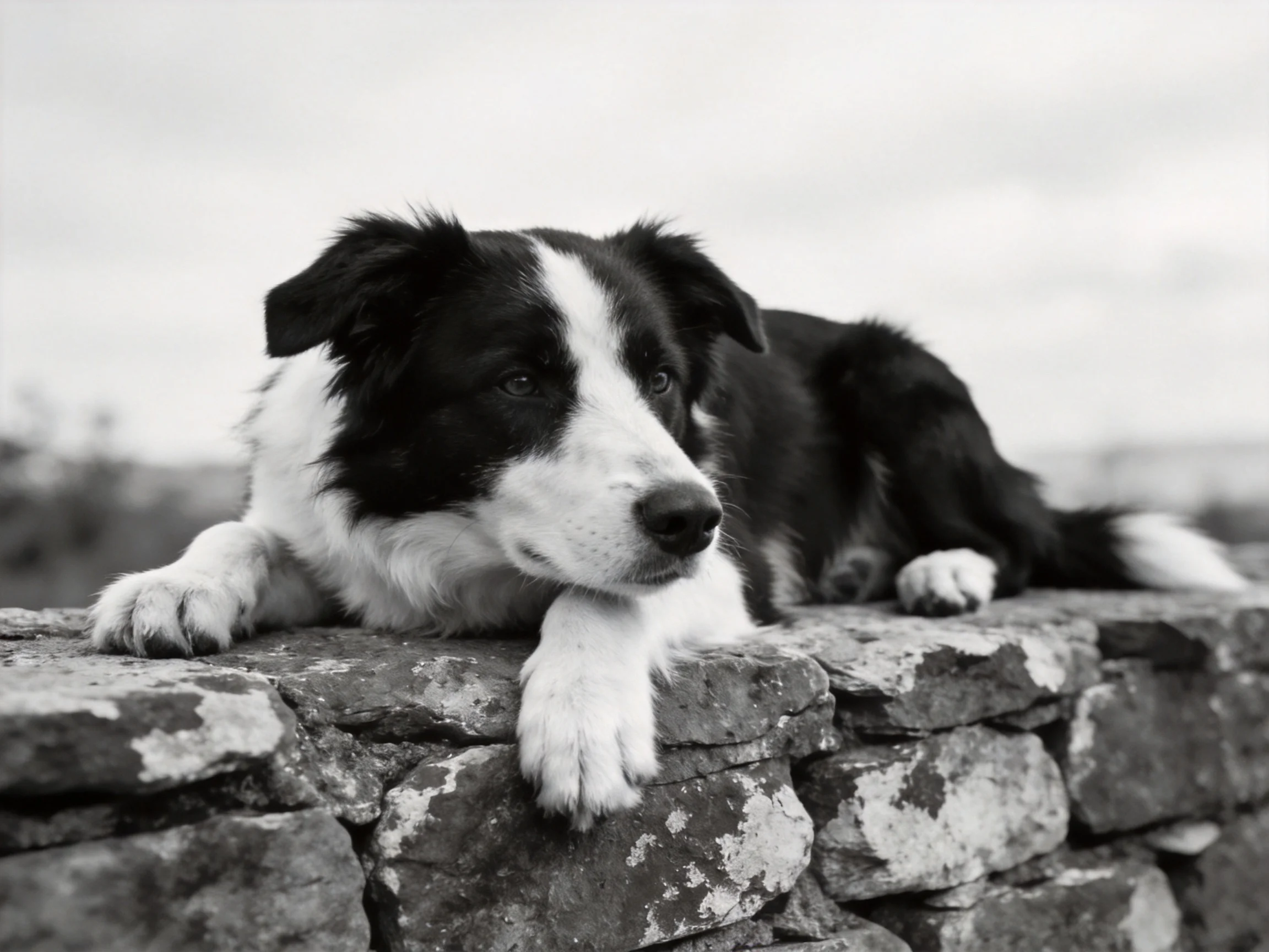 A black and white dog lies on a weathered stone wall