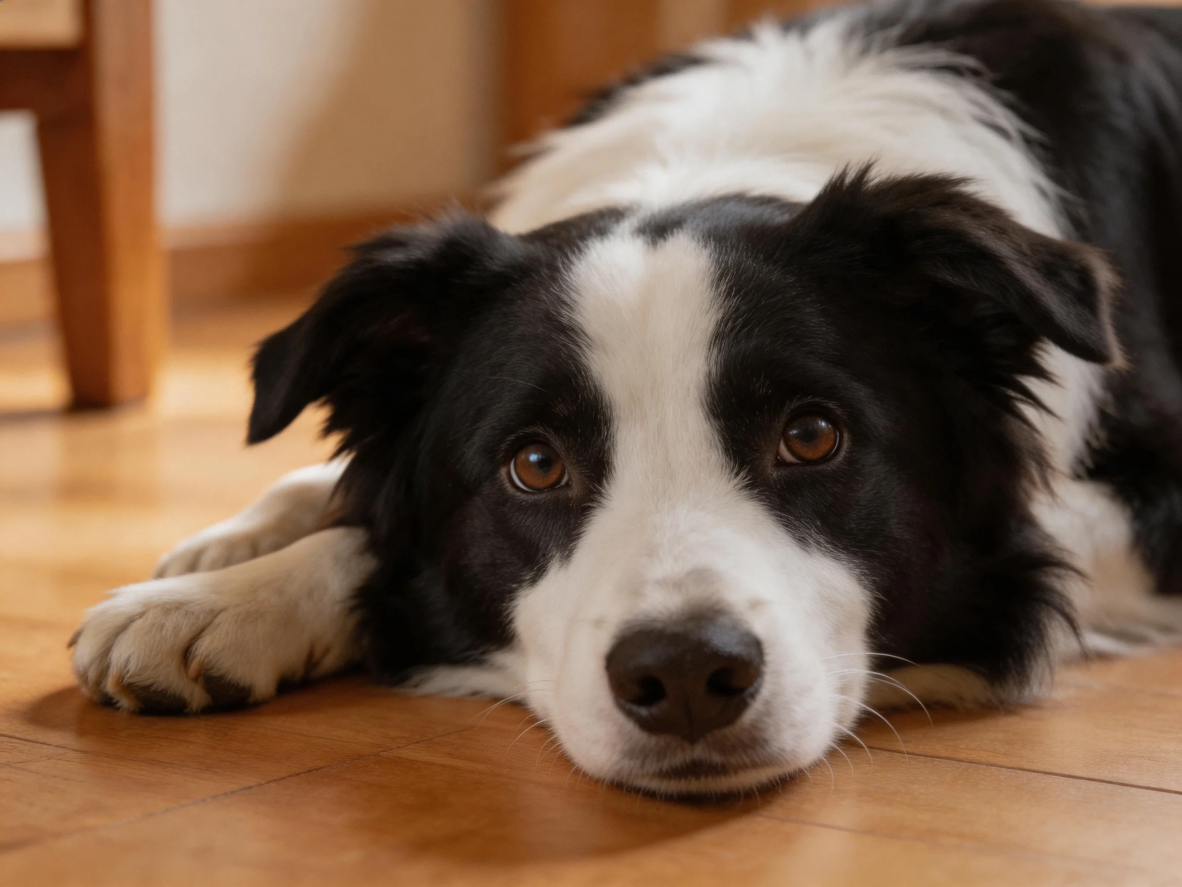 A black and white Border Collie lies calmly on an indoor wooden floor.