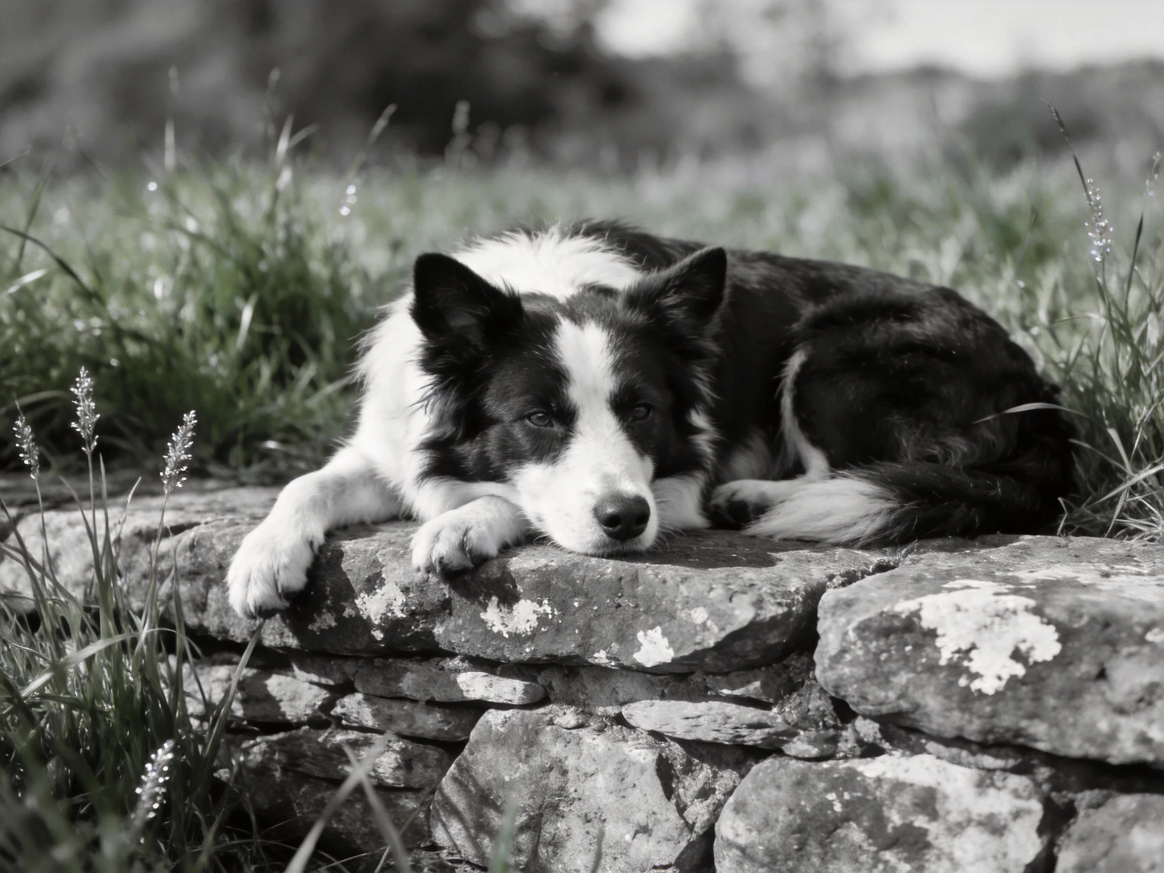 A black-and-white Border Collie relaxes on a weathered stone wall near grass.