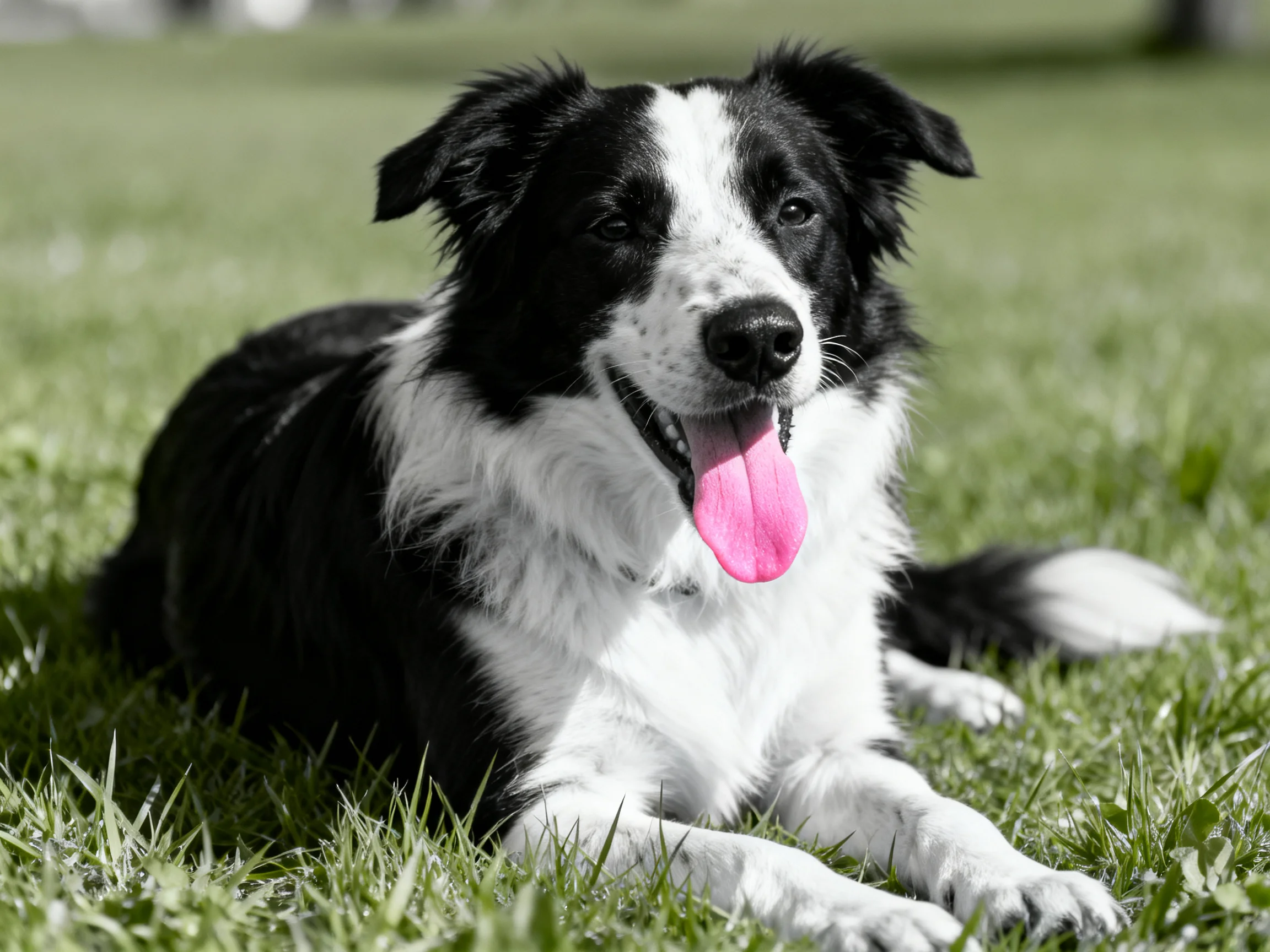 A black and white Border Collie relaxes on green grass with tongue out.