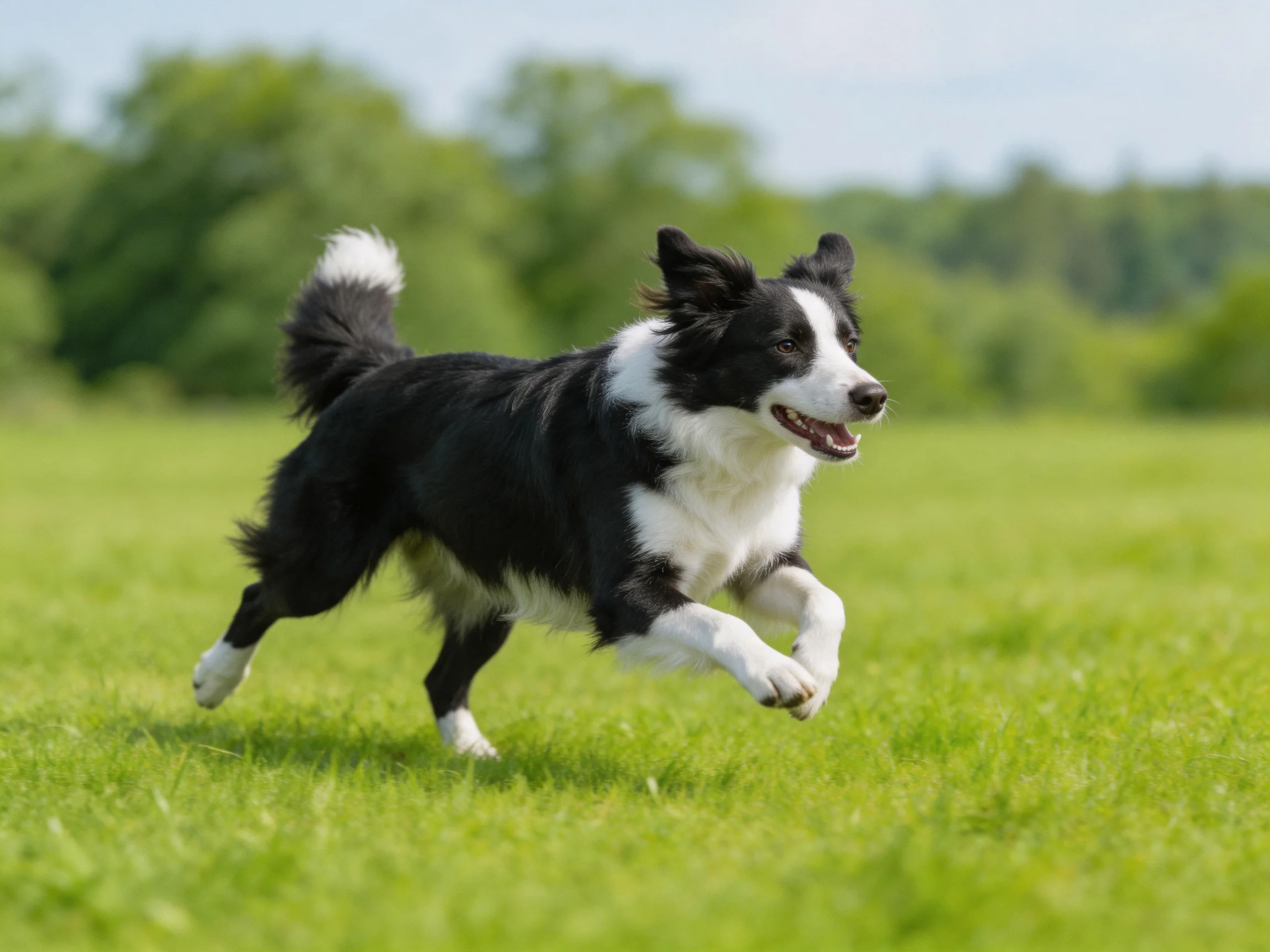 A black and white Border Collie runs energetically across a bright green meadow.