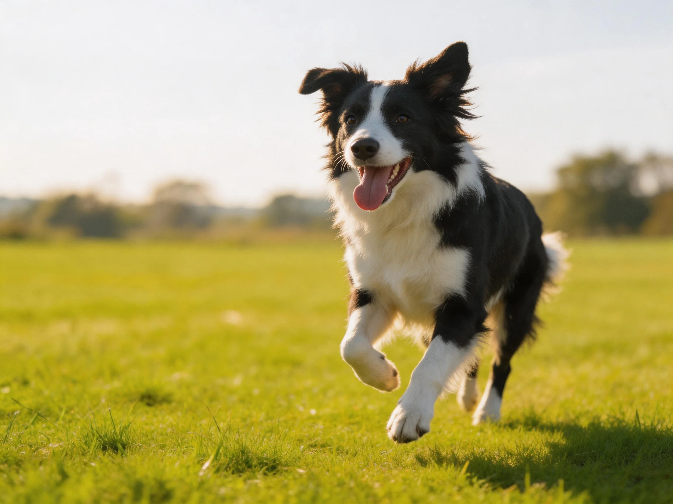 A black and white Border Collie runs joyfully across a sunlit green pasture.